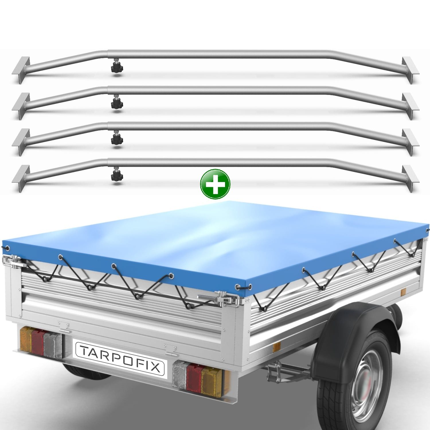 Tarpofix® Schutzplane Tarpofix Anhängerplane Flachplane für 750kg Anhänger, Flachplane 257,5x134 cm Blau + 4 Planenbügel