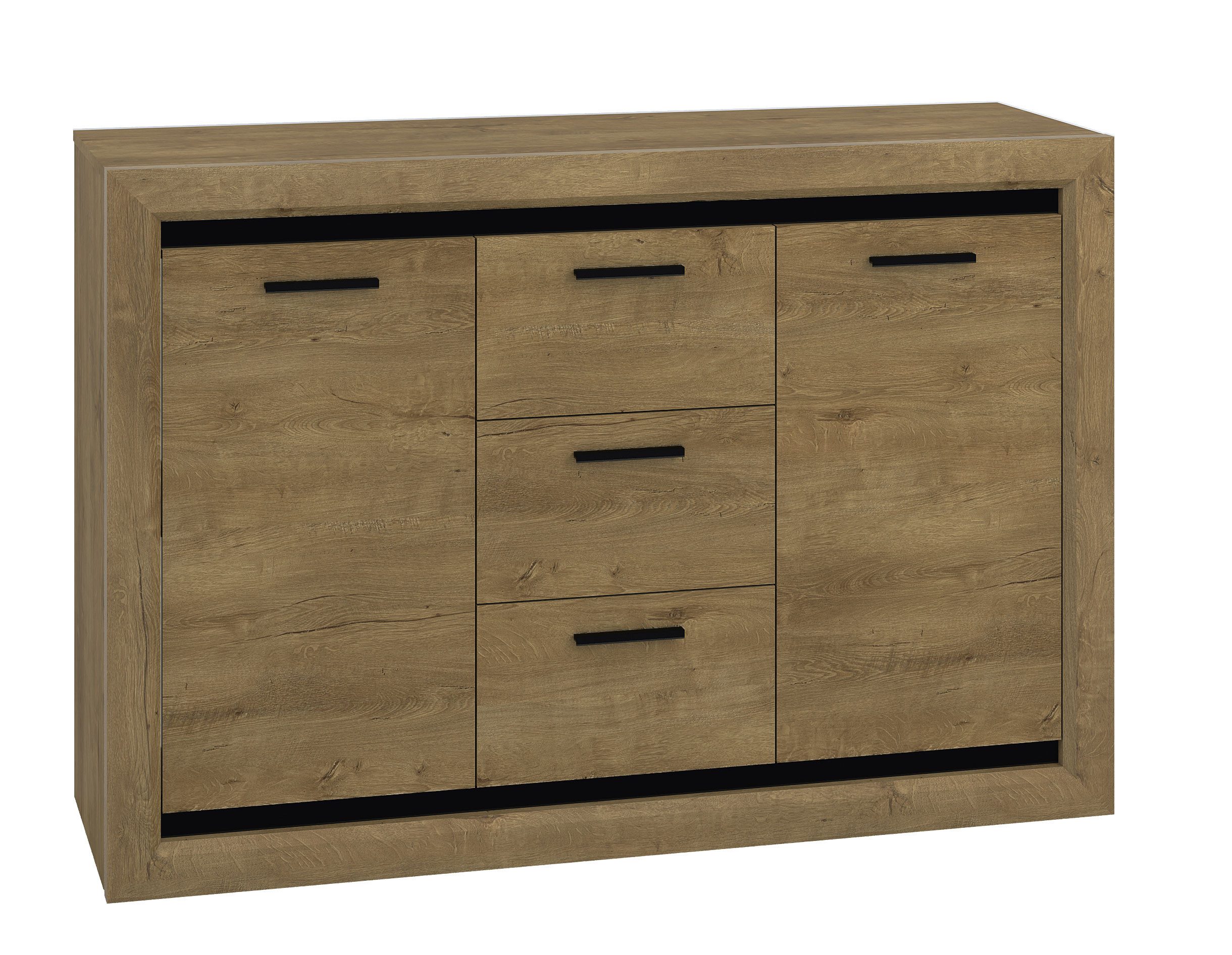 Feldmann-Wohnen Sideboard Baltica (2 Türen, innen je 1 Holzboden, 3 Schubladen mit Vollauszug, 1 St., formschöne schwarze Kunststoffgriffe), 138x43x94cm Eiche Lefkase / schwarz
