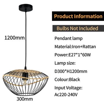 LQWELL Pendelleuchte E27 Hängelampe Schwarz Retro Pendellampe, Hängeleuchte Vertigo Lampe, Höhenverstellbare Kronleuchter Metall Rattan, für Wohnzimmer Schlafzimmer Esszimmer Cafés