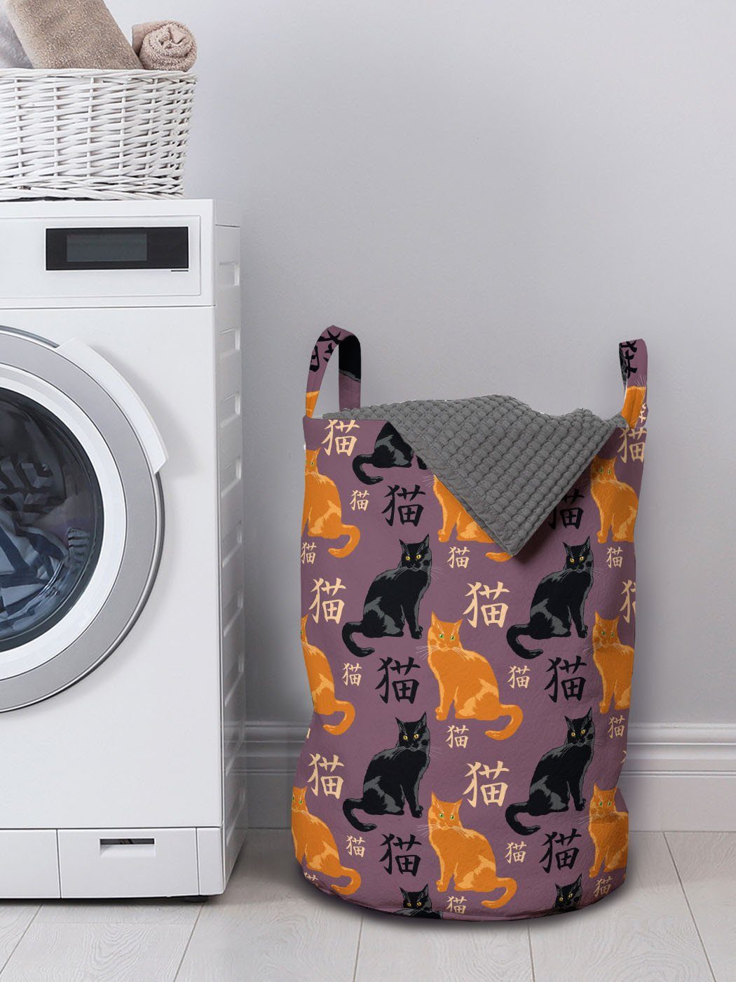 für japanische Wäschekorb Abakuhaus Katzen-Liebhaber-Muster Katze Kordelzugverschluss mit Wäschesäckchen Griffen Waschsalons,