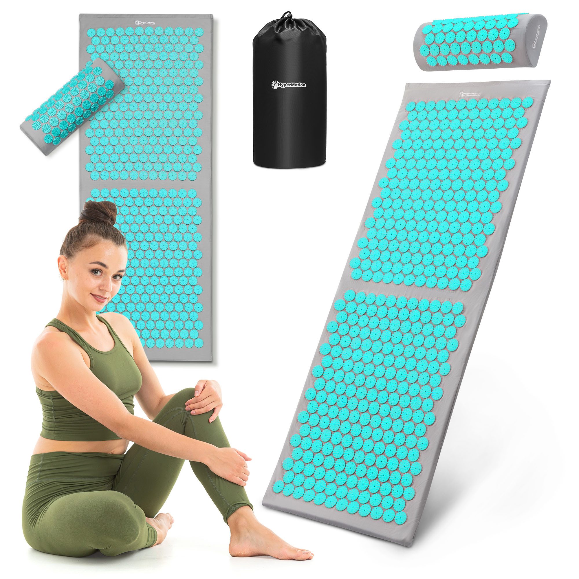 HyperMotion Akupressurmatte XL Akupressurmatte 130 cm mit Kissen & Tasche – grau-mint