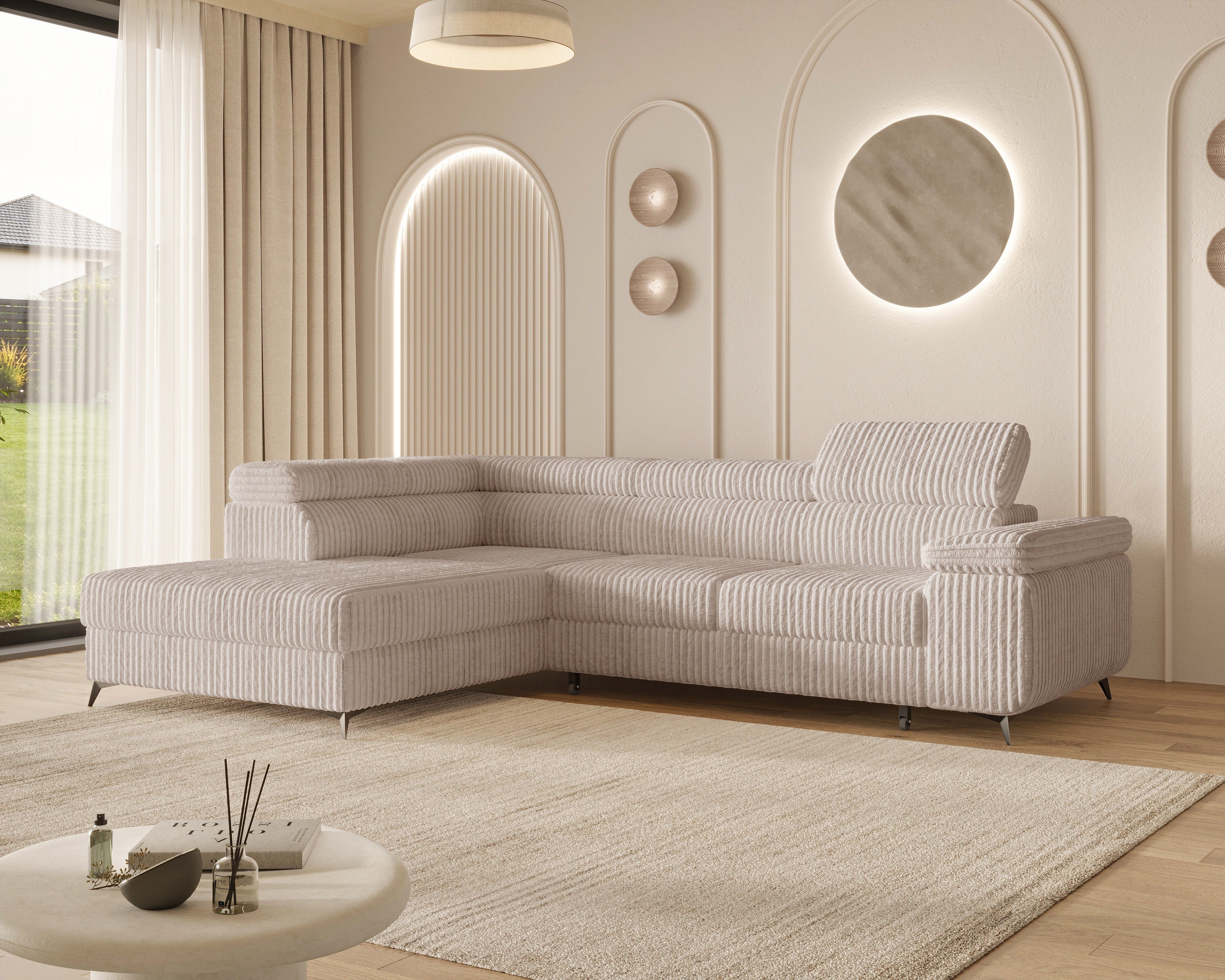 MOEBLO Ecksofa OSTIN, 290 cm – Modernes L-Sofa mit Schlaffunktion, Bettkasten und verstellbaren Kopfstützen, Cord oder Strukturstoff, - (BxHxT): 290 x 75–90 x 202 cm