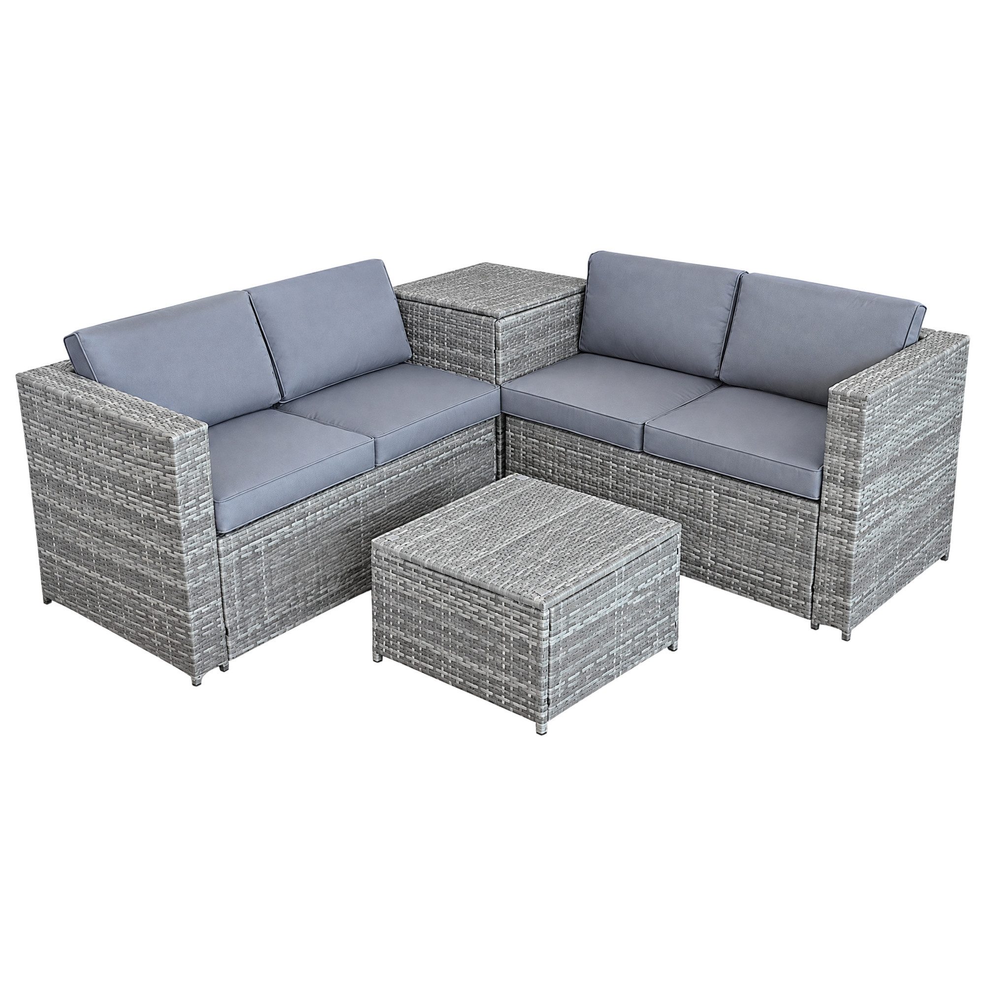 Feel2Home Gartenlounge-Set Polyrattan-Lounge mit 2 Zweisitzern, Kissenbox, Glastisch, 185x185 cm, (Set, 4-tlg., inkl.Tisch), Sicherheitsglasplatte