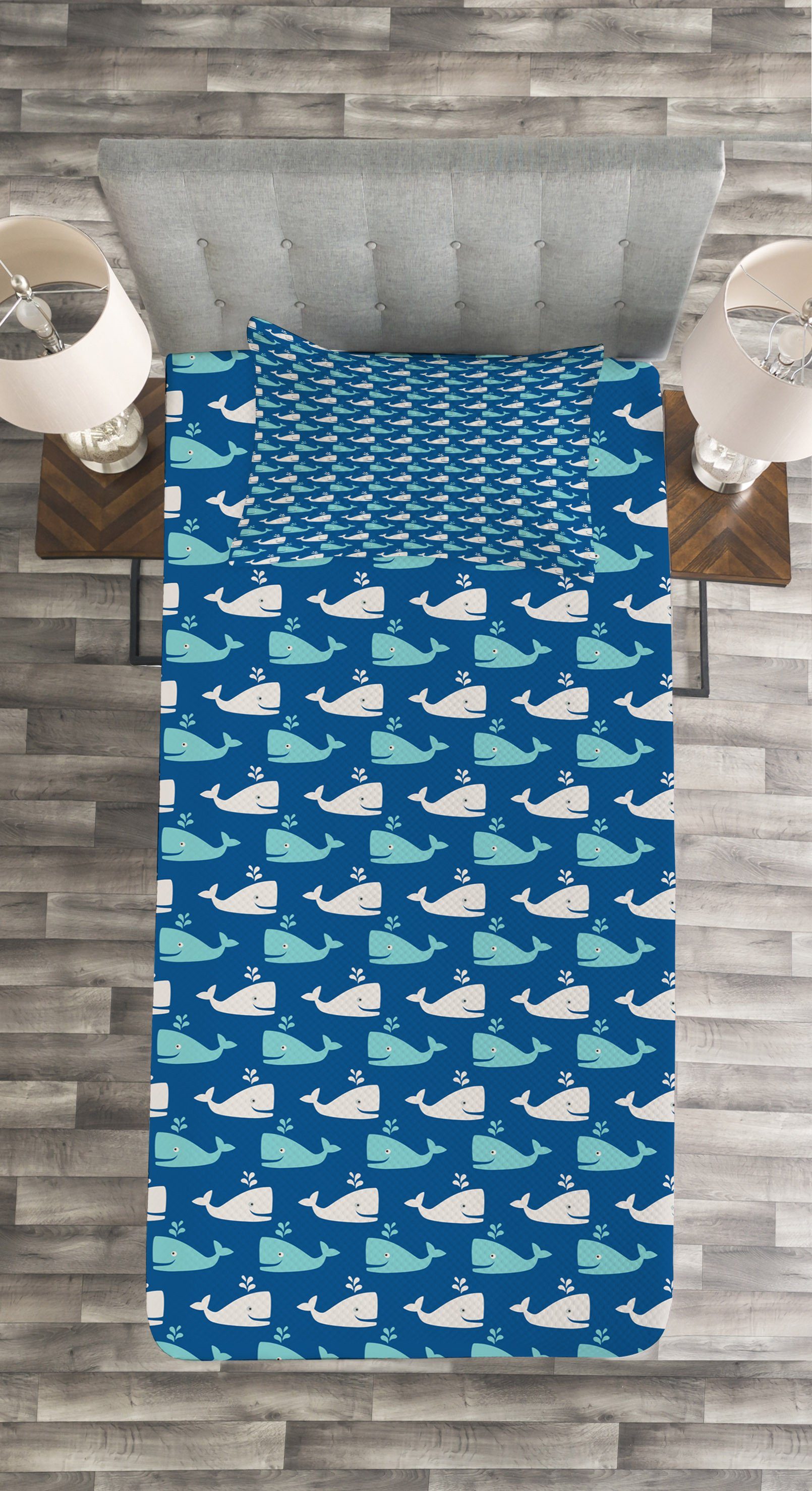 Tagesdecke Set mit Wal Abakuhaus, Bicolor Tiere Ozean Kissenbezügen Waschbar