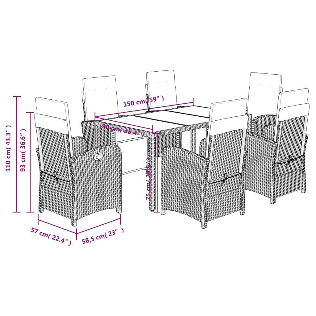 vidaXL Garten-Essgruppe 7-tlg. Garten-Essgruppe mit Kissen Schwarz Poly Rattan, (6-tlg)