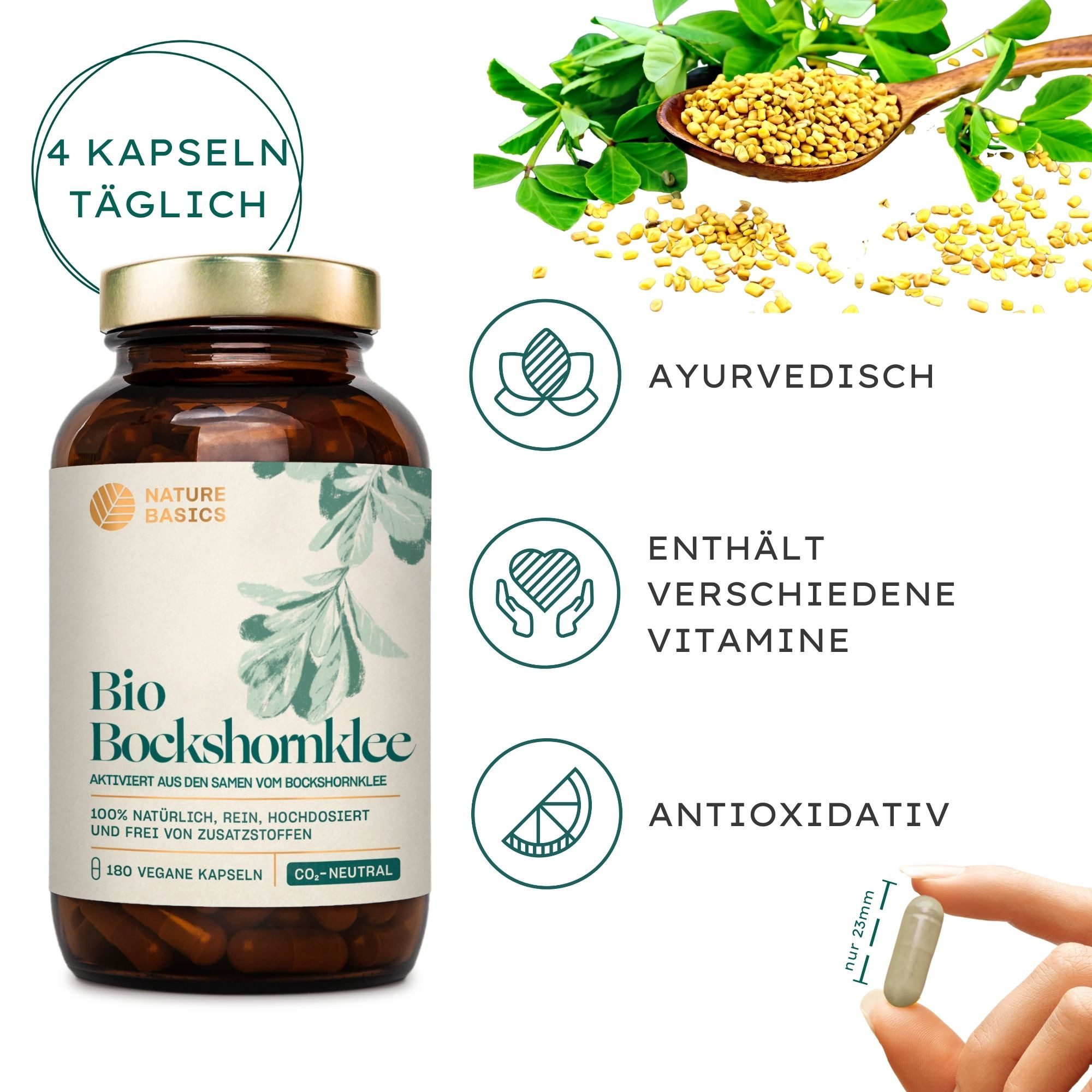 Nature Basics Hochwertiges Bio Bockshornklee Vegan im Braunglas 180 Kapseln, 180 St., 139 g