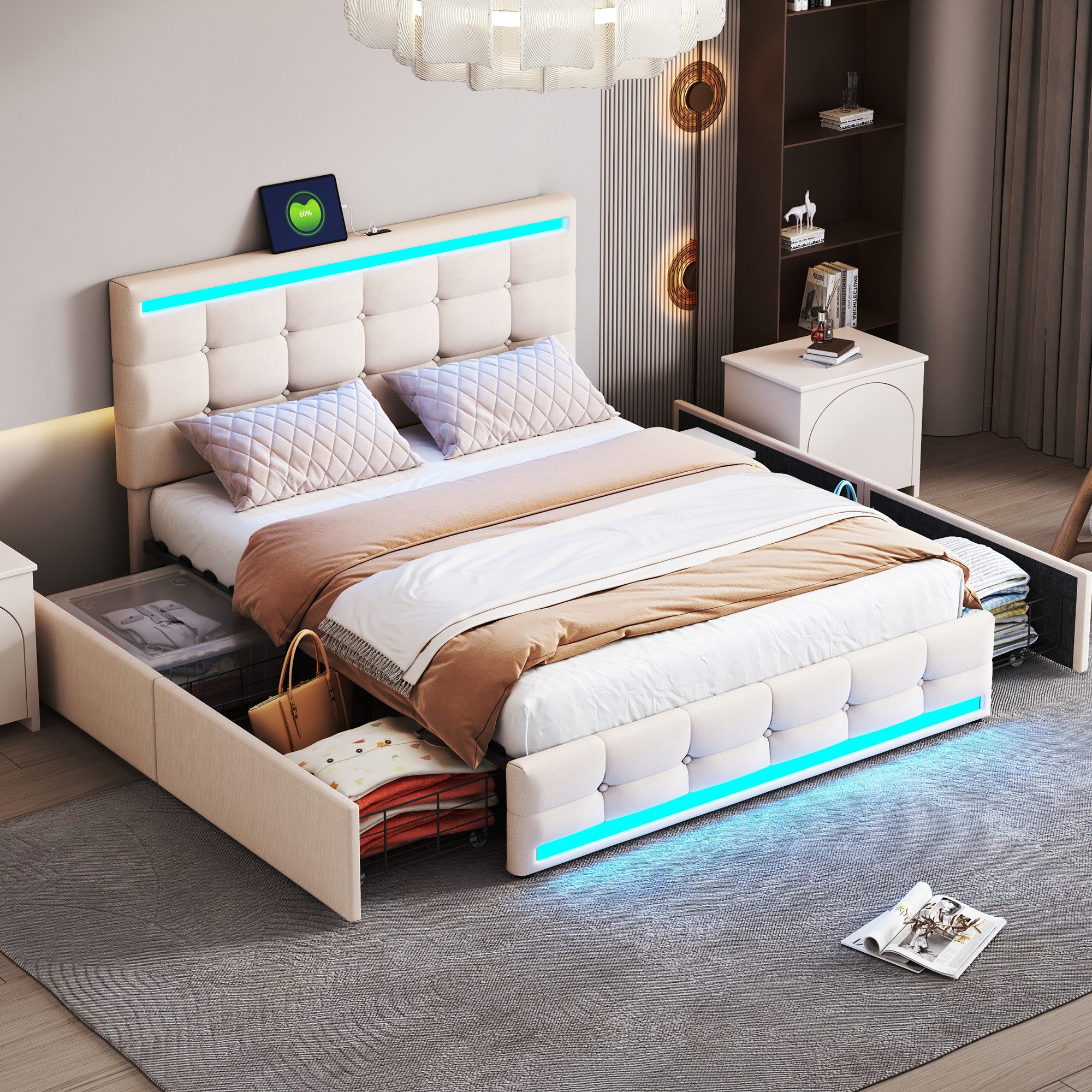Flieks Polsterbett, LED Doppelbett 4 Schubladen 2 USB-Anschluss 140x200cm Leinen