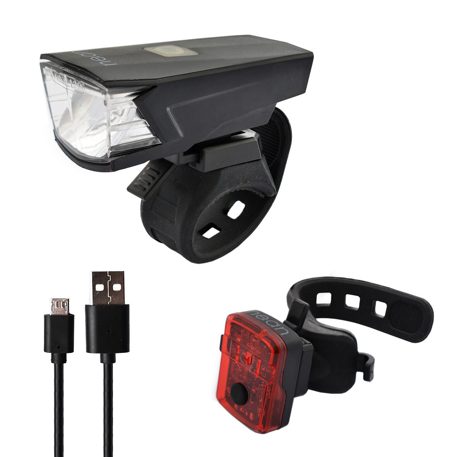 nean Fahrradbeleuchtung Set mit Akku und StVZO-Zulassung 30 LUX 5 Candela, mit 2 Helligkeitsstufen und USB-Ladebuchsen, abnehmbar