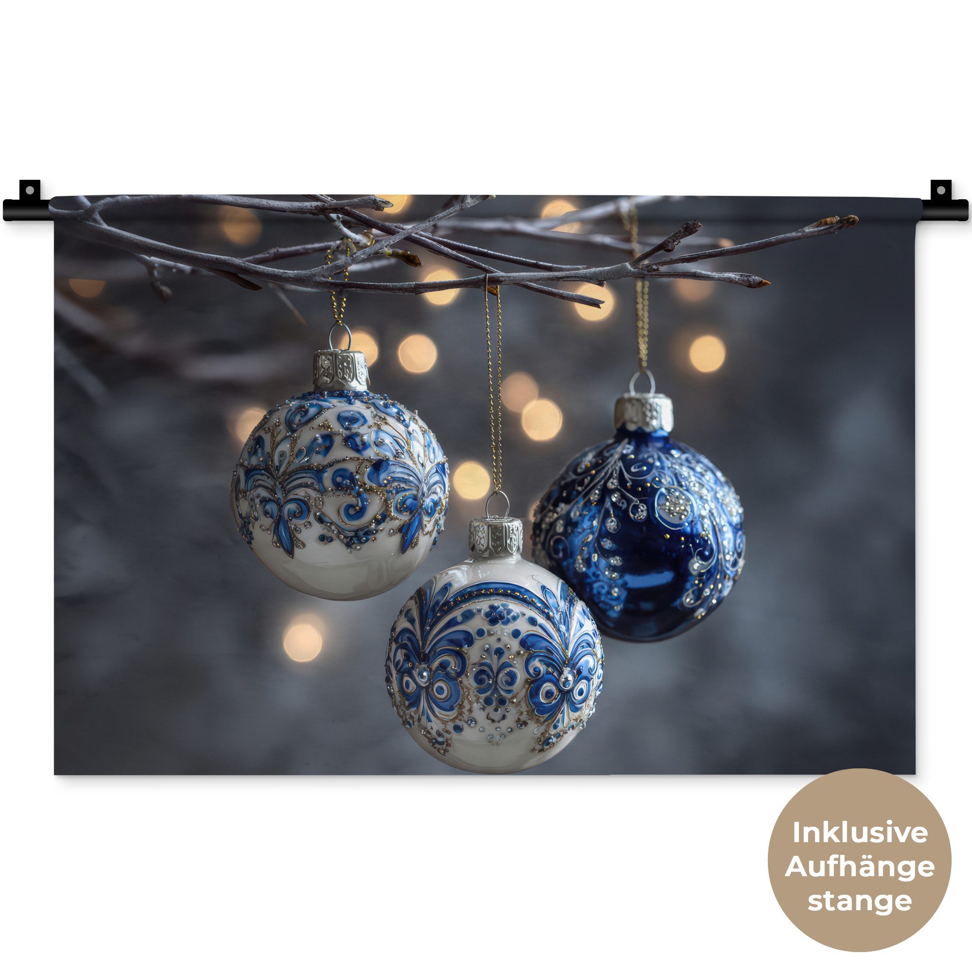 MuchoWow Wandteppich Weihnachtskugel - Dekoriert - Blau, Rechteckig, Höhe: 3 mm, Wandteppich für Wohnzimmer, Schlafzimmer, 60x40 cm