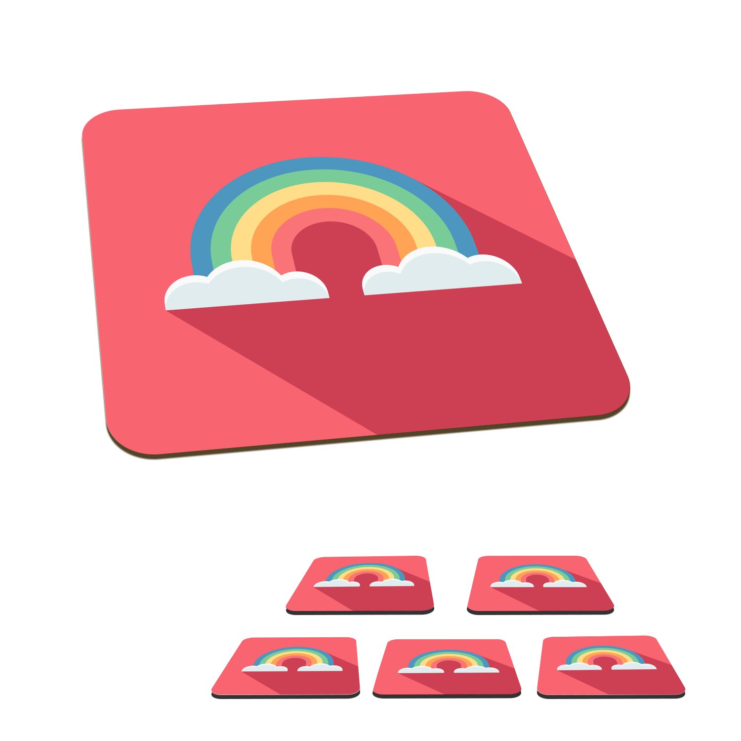 MuchoWow Glasuntersetzer Childrens Illustration Regenbogen mit Wolken auf rosa Hintergrund, Zubehör für Gläser, 6-tlg., Glasuntersetzer, Tischuntersetzer, Korkuntersetzer, Untersetzer, Tasse | Getränkeuntersetzer