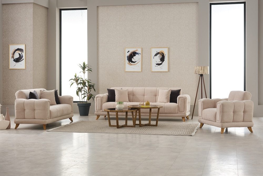 Möbel Akut Polstergarnitur Sofagarnitur 3-2-1 Rikke beige Federkern Bettfunktion Bettkasten, (Polstergarnitur, 3-tlg., inkl. Zierkissen), Federkern im Sitz und Rücken Bettfunktion Bettkasten inkl. 7 Kissen