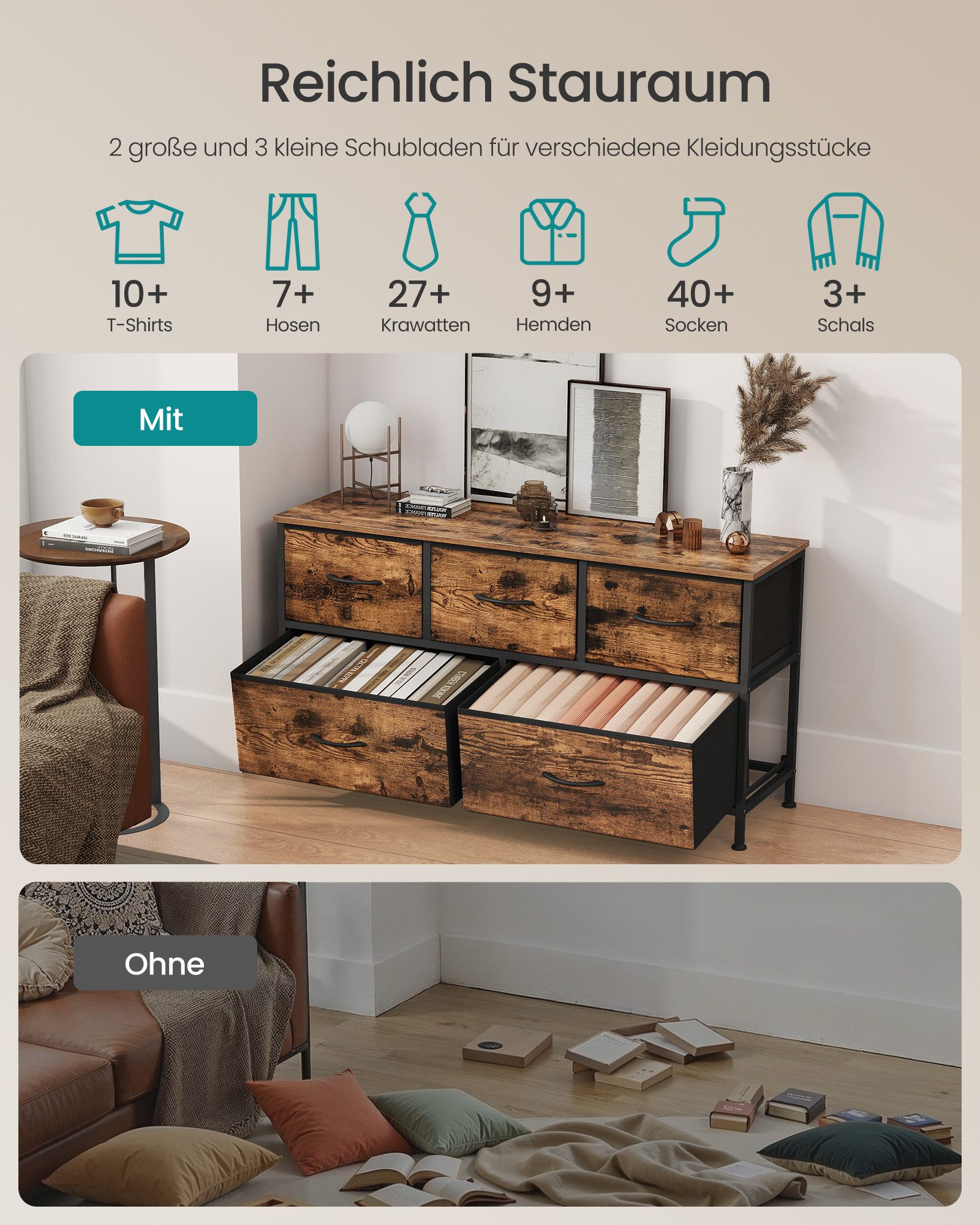 SONGMICS Kommode Schrank, Aufbewahrungsschrank, Stahl, MDF, Vliesstoff, für Schlafzimme