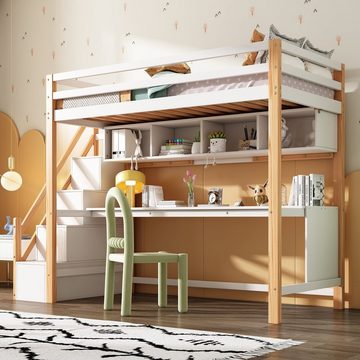 SOFTWEARY Hochbett mit Lattenrost, Stauraum und Schreibtisch (90x200 cm) Kinderbett mit Rausfallschutz, Kiefer