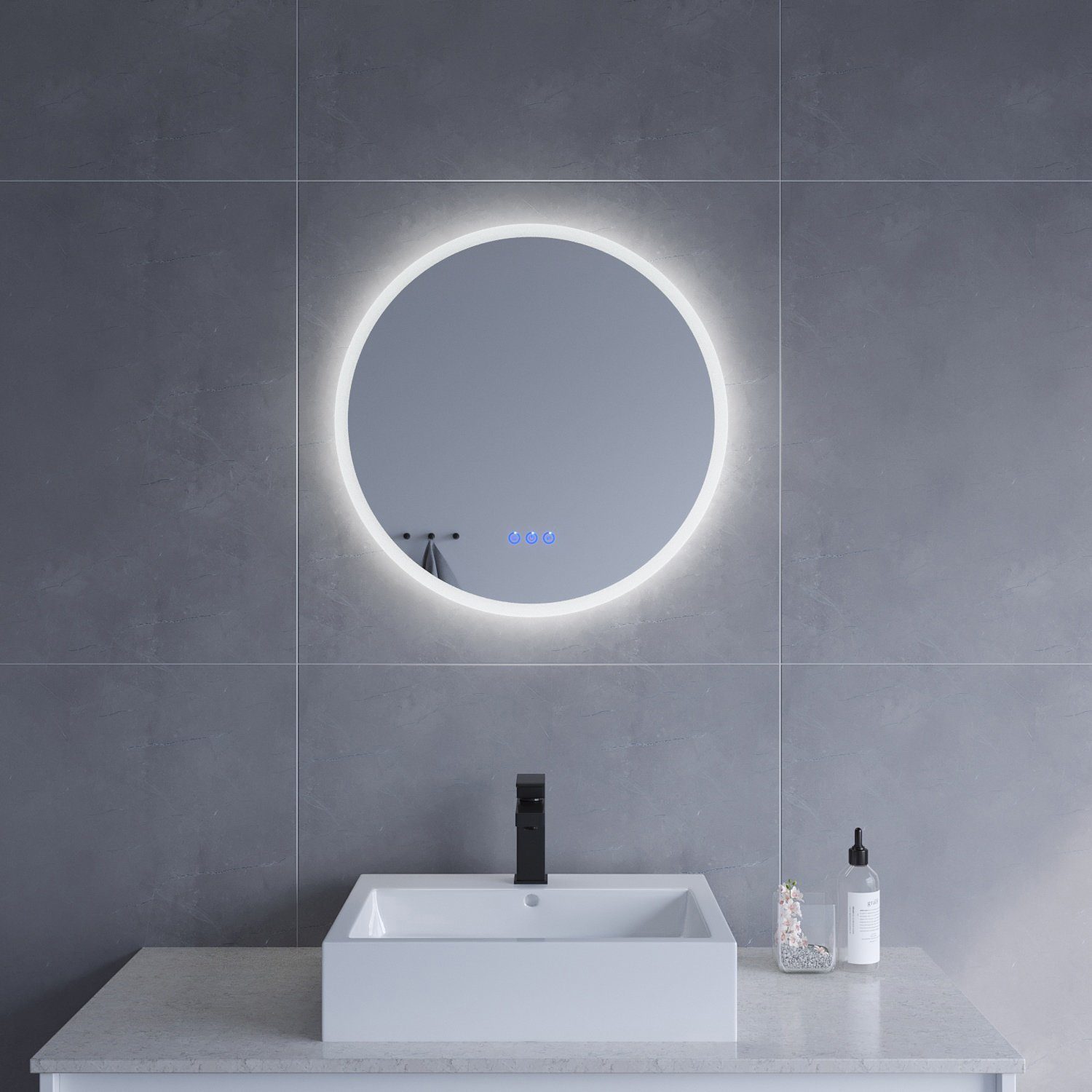 AQUALAVOS Badspiegel Spiegel Rund Badezimmerspiegel mit LED Beleuchtung Φ 60 cm Wandspiegel, mit 6400K Kaltweiß&Warmweiß 3000K Licht Beleuchtung, Energiesparender