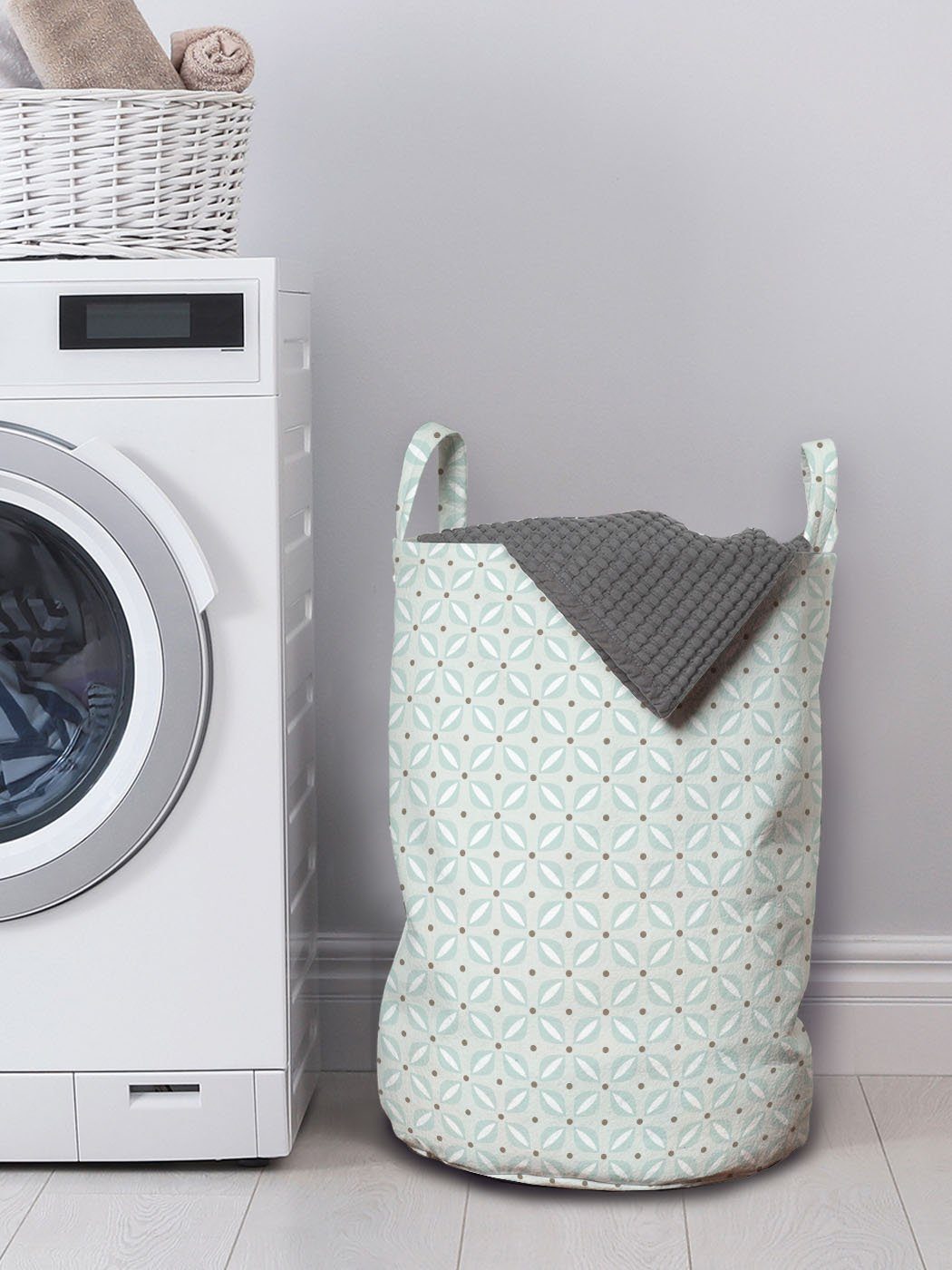 Abakuhaus Wäschesäckchen Wäschekorb mit Griffen Kordelzugverschluss Retro Floral für Waschsalons, Blau und Brown