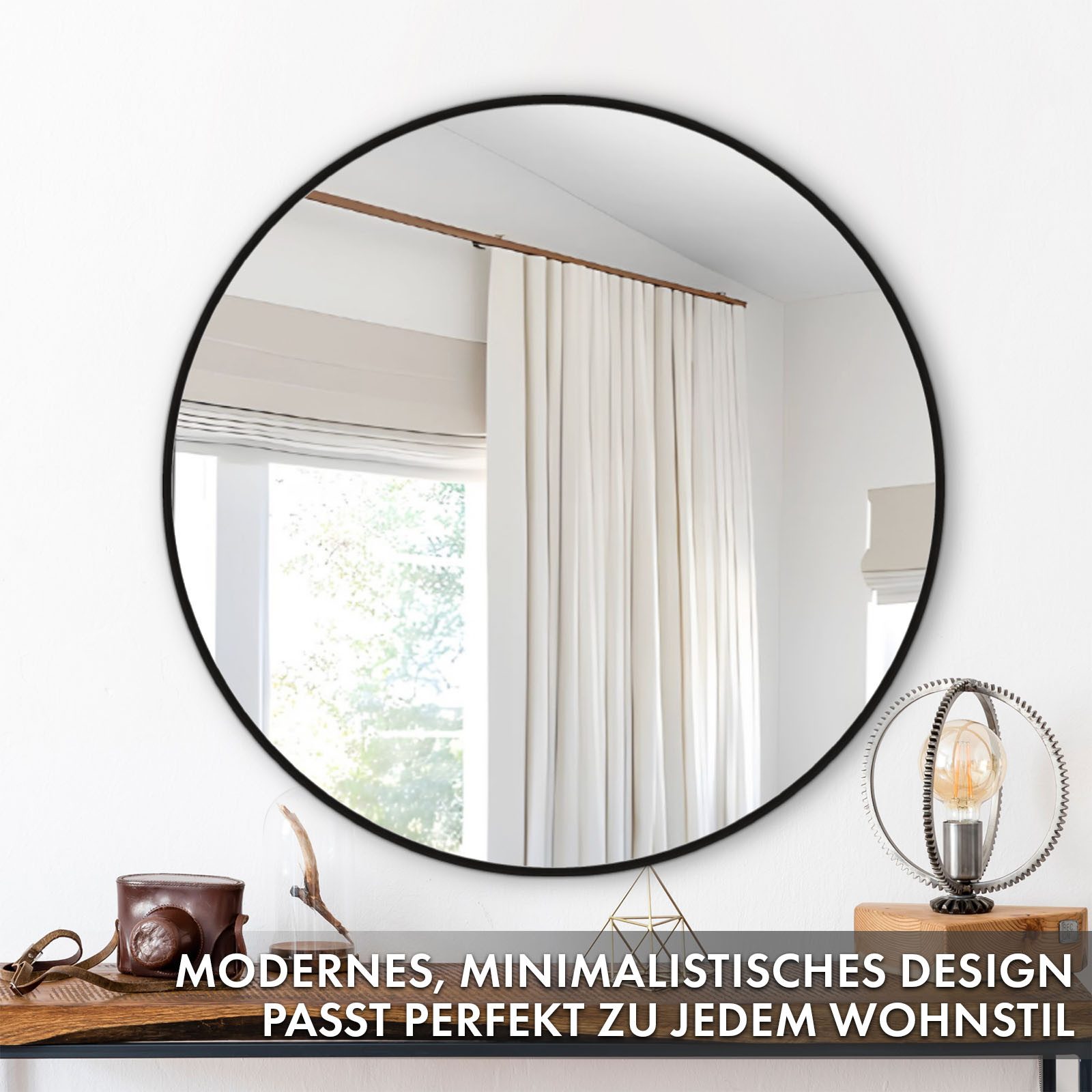 Floordirekt Wandspiegel Bella, Runder Spiegel mit schwarzem Aluminiumrahmen, in 3 Größen (Kristallklar & Rostfrei, 1-St., 50cm Durchmesser), Anti-Glasspliter Folie für mehr Sicherheit, mit Montagematerial