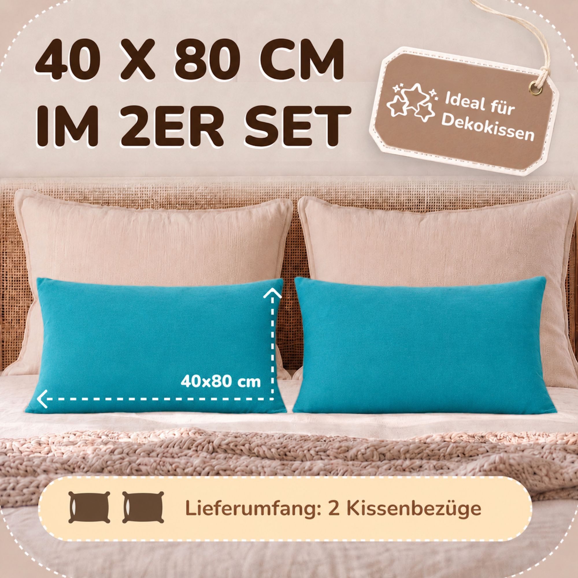 leevitex® Kissenbezüge Kissenbezug 40 x 80 cm, 2er Set, Petrol/Smaragdblau, (2 Stück), feine Jersey-Qualität, 100% Baumwolle, robuster Reißverschluss