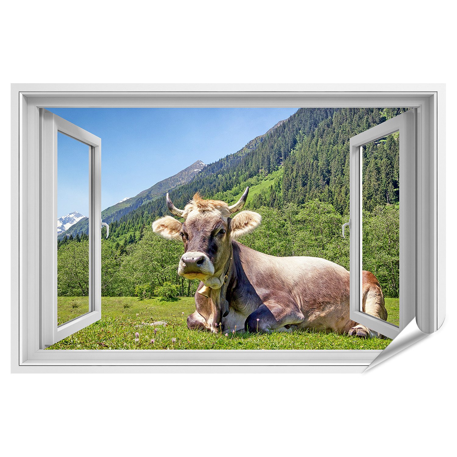 islandburner Poster Kuh Liegt Vor Einem Offenen Fenster In Den Bergen Wandb günstig online kaufen