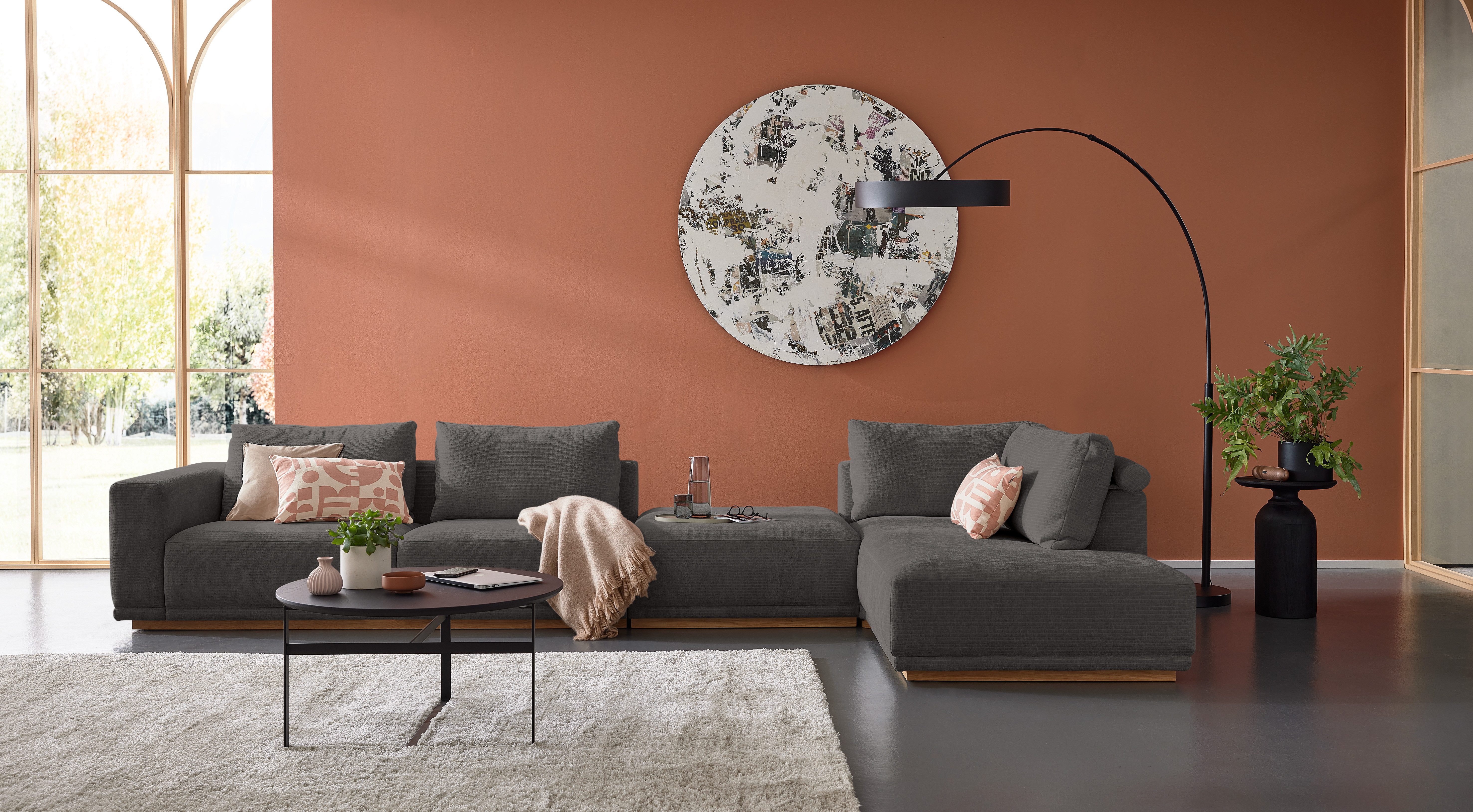 Musterring Wohnlandschaft, 3 Teile, Anreihsofa mit Armlehne links, Eckteil rechts mit Kissen & Hocker