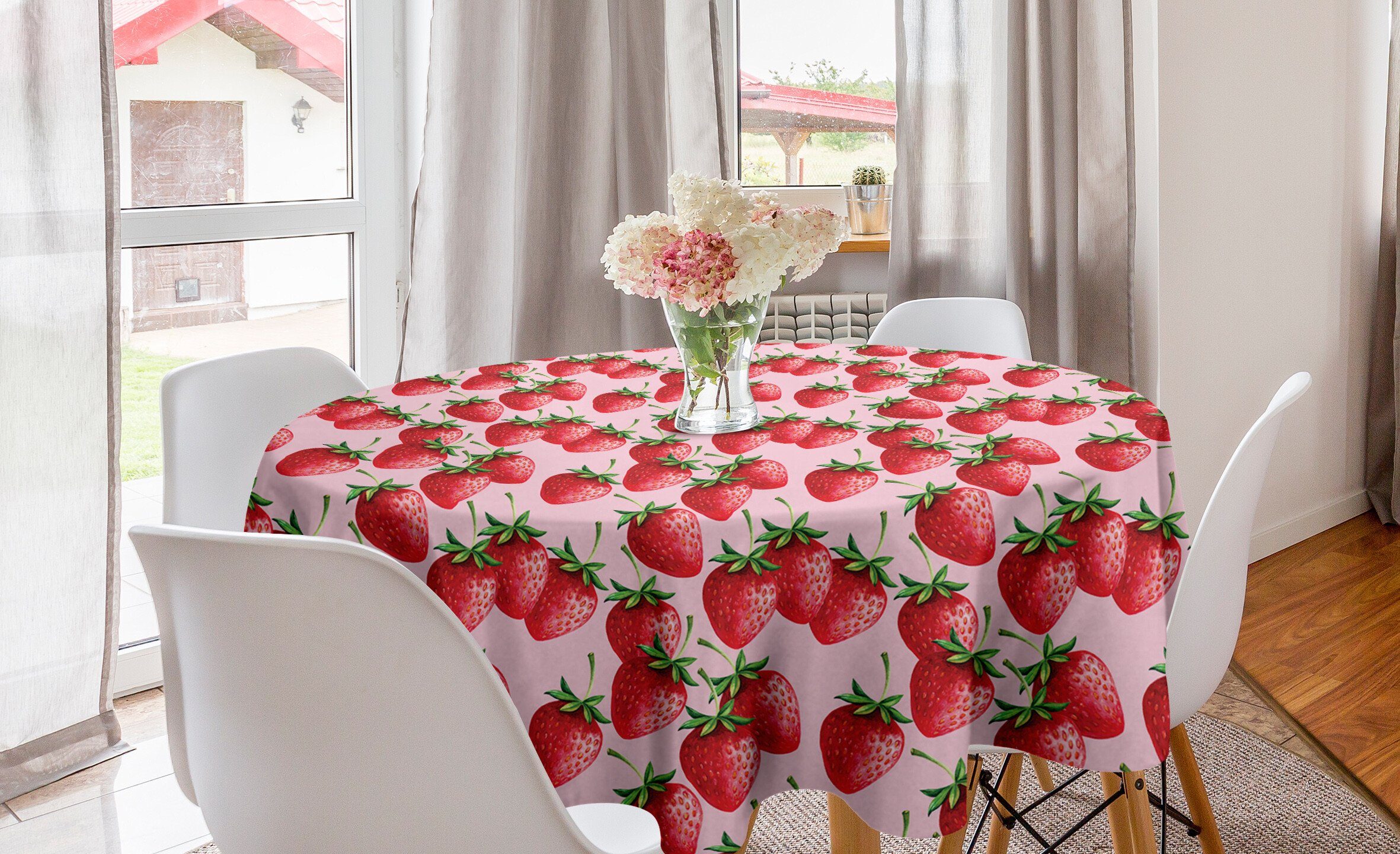 Abakuhaus Tischdecke Kreis Tischdecke Abdeckung für Esszimmer Küche Dekoration, rot Saftige Erdbeeren Obst