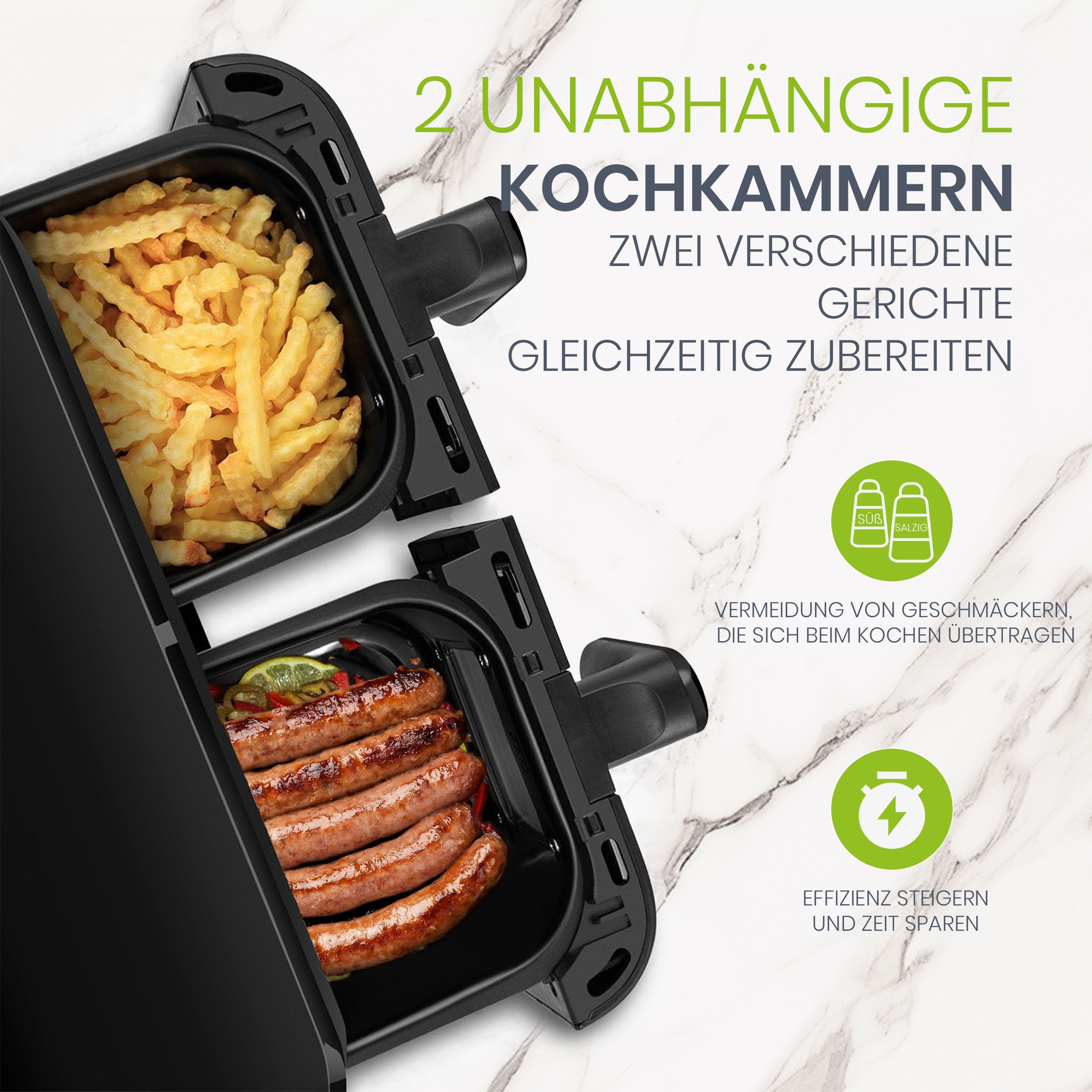 Sinaopus Heißluftfritteuse Air Fryer 10L XXL Doppel Kammer, Dual Zone, weniger Öl, 2400,00 W, Fritteuse mit Synchronisierte Backfunktion, Gesundes Kochen