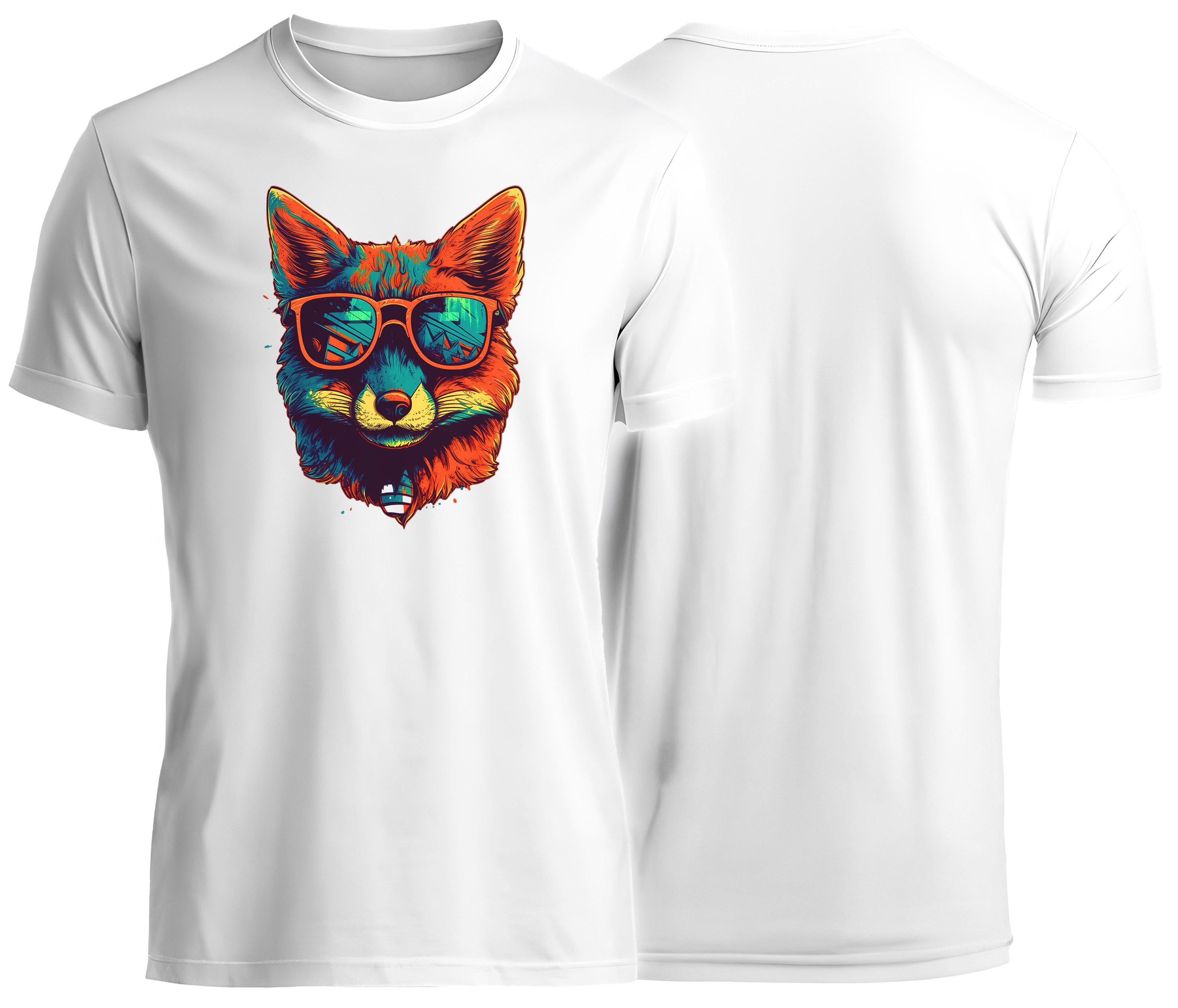MyDesign24 T-Shirt Herren und Damen Shirt - Cooler neon Fuchs Kurzarm T-Shirt weiss Regular Fit Gr.M i655