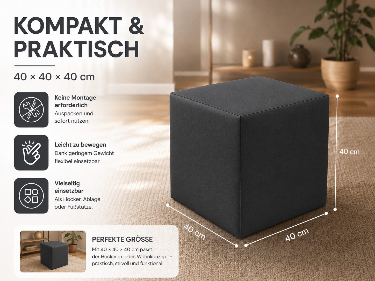 Best for Home Sitzhocker Sitzwürfel 40x40x40 cm – Multifunktionaler Sitzhocker & Fußhocker (Einzelstück, 1 St., verschiedene Farben), Handwerksqualität, pflegel – Bild 5 von 5