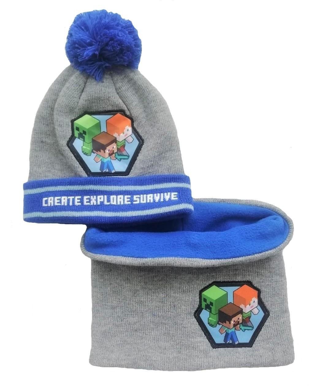+ oder Set & Gr. 52 Schal Mütze Blau 54 + Schal Jungen Loopschal Minecraft Mädchen Mütze + Kindermütze Green cm und Minecraft