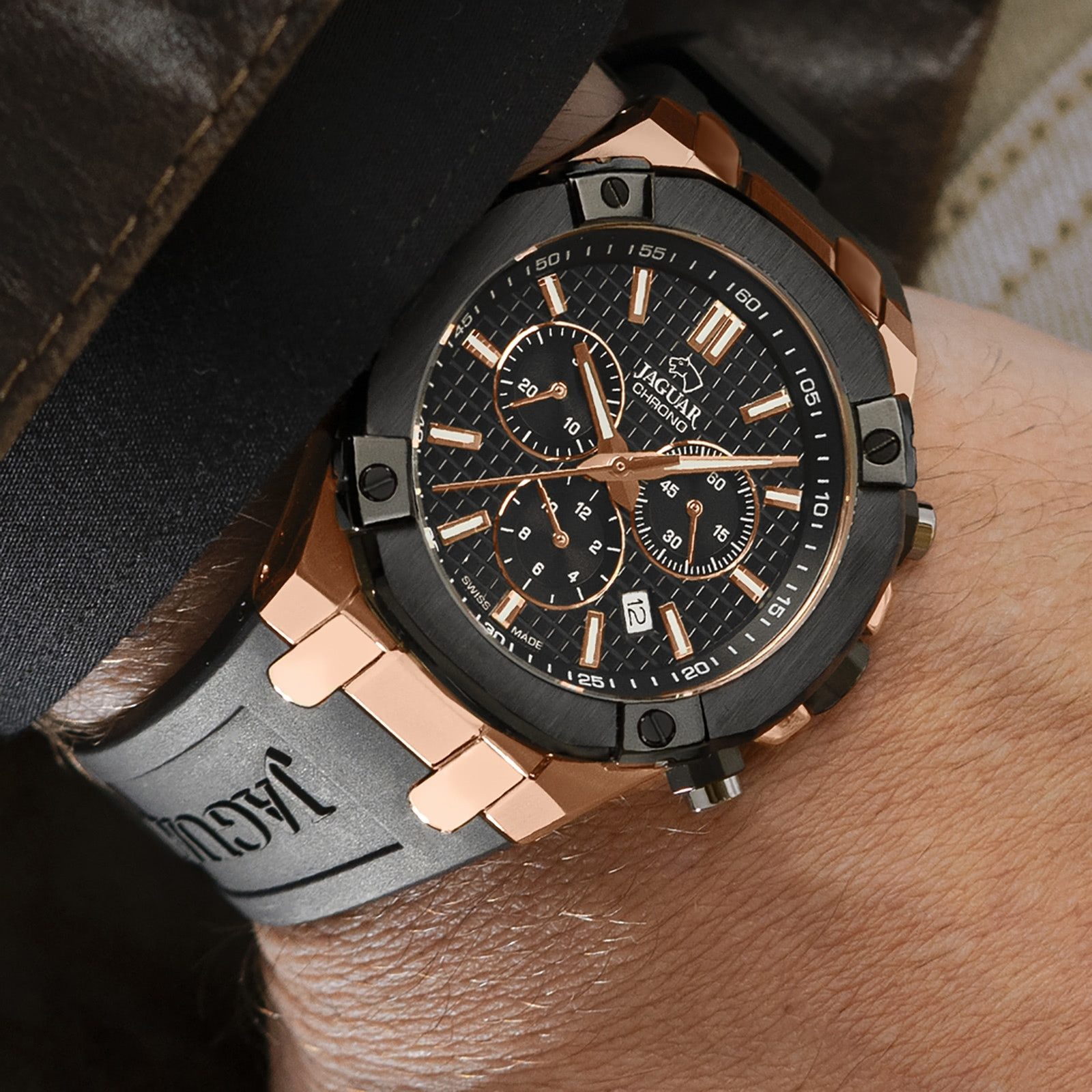 JAGUAR Chronograph Jaguar Herrenuhr Silikon schwarz Jaguar, (Chronograph), Herren Armbanduhr rund, Silikonarmband schwarz