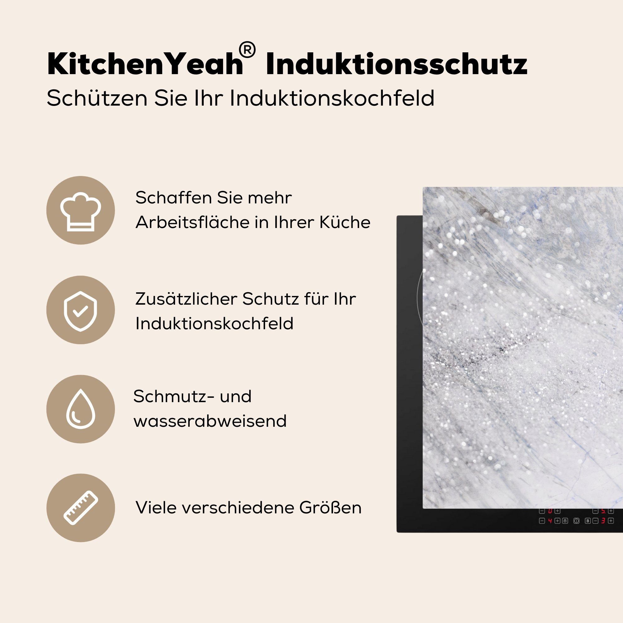 MuchoWow Herdblende-/Abdeckplatte Marmor - 78x78 (1 Glitter Vinyl, Silber, küche Arbeitsplatte cm, Ceranfeldabdeckung, für - tlg)