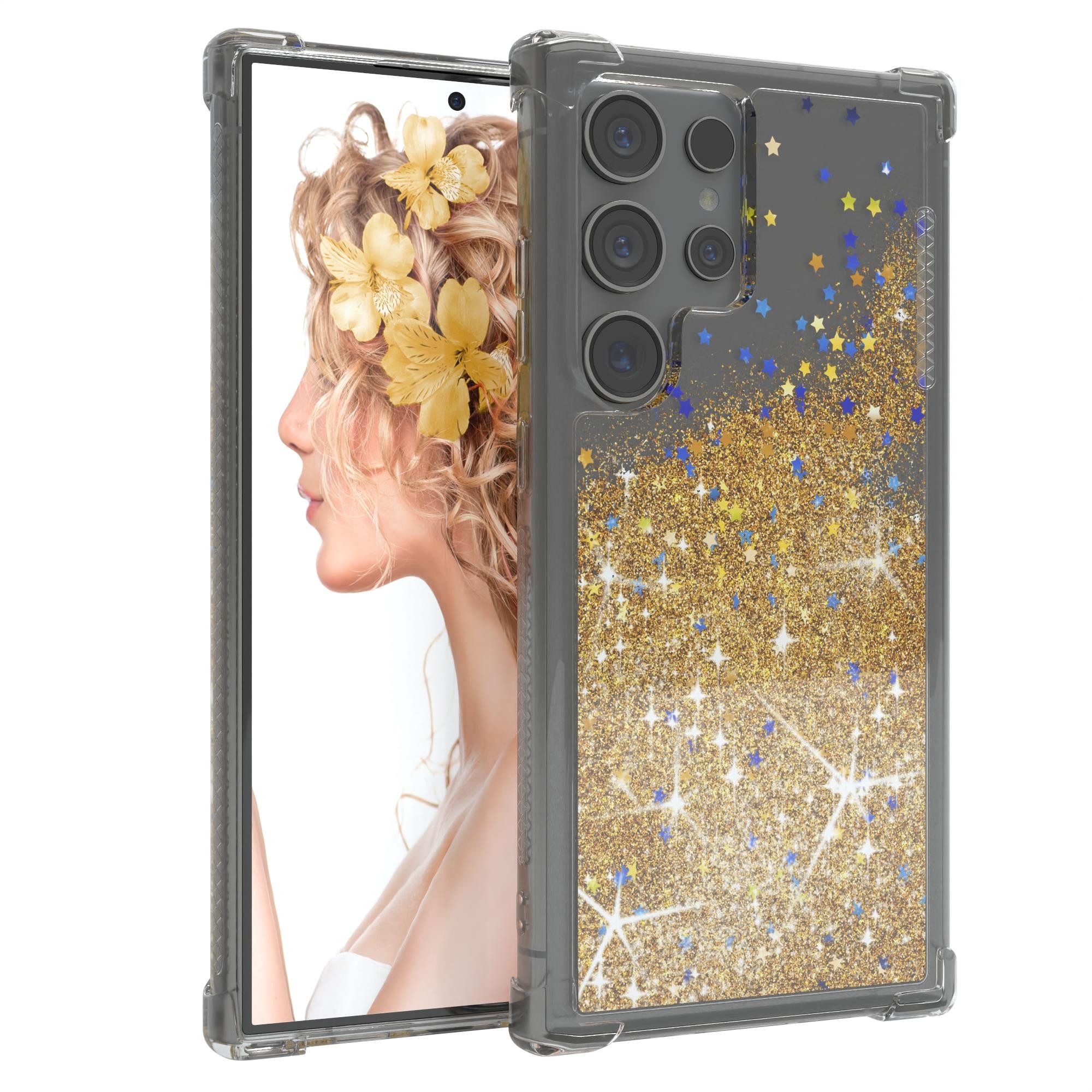 EAZY CASE Handyhülle Liquid Glittery Case für Samsung Galaxy S24 Ultra 6,8 Zoll, Durchsichtig Back Case Handy Softcase Silikonhülle Glitzer Cover Gold