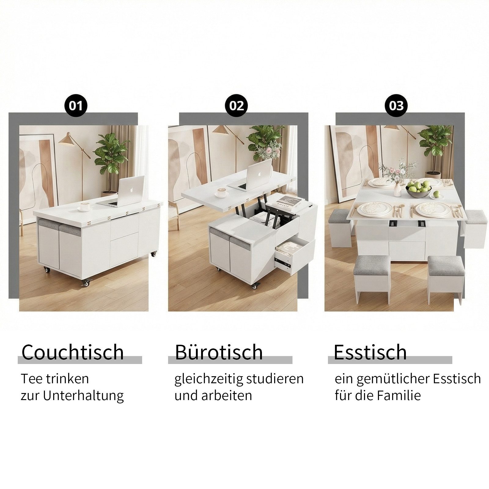 VOWNER Couchtisch mit klappbarer Tischplatte – 4-in-1 Multifunktions Wohnzimmertisch (1-St), höhenverstellbar für verschiedene Anwendungen