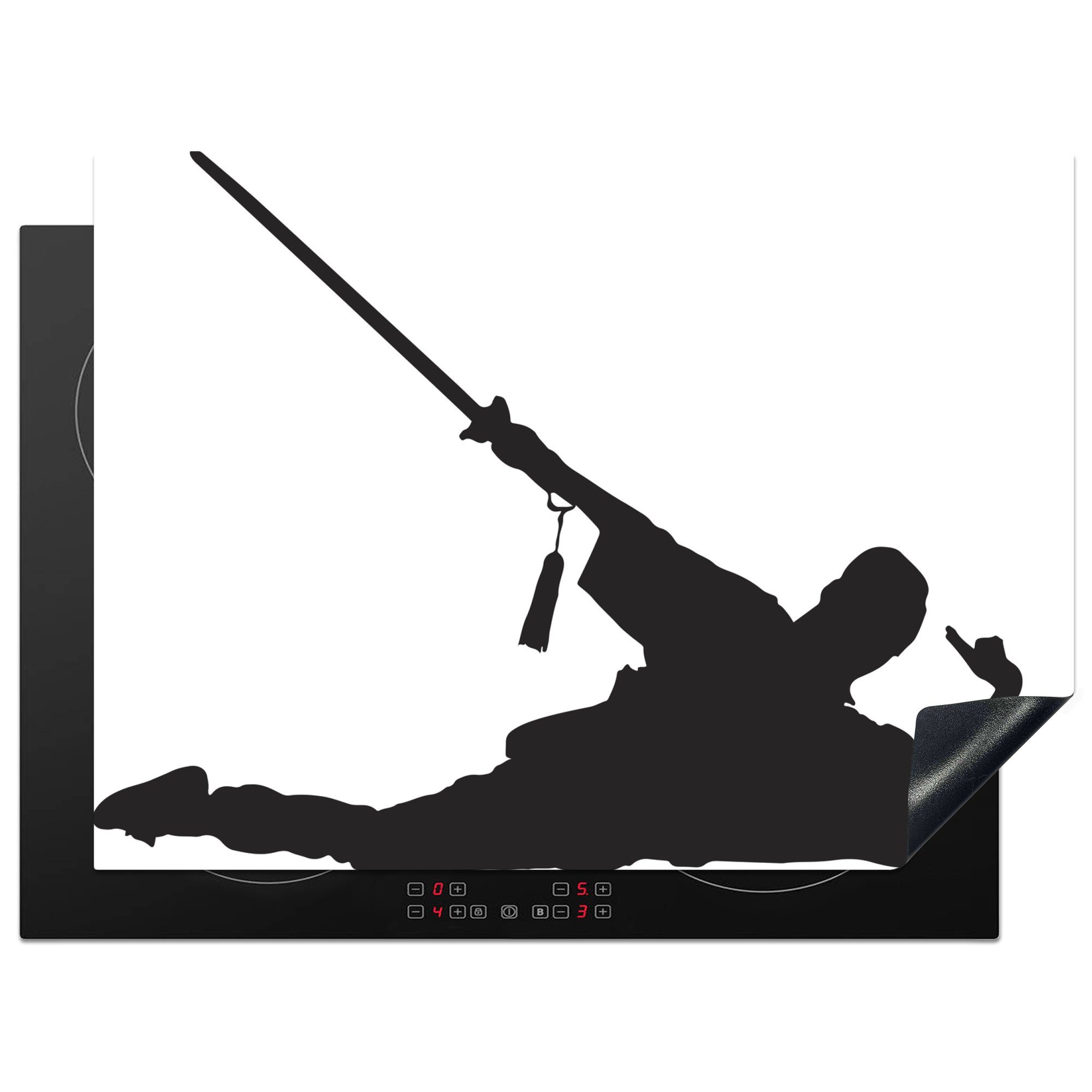 MuchoWow Herdblende-/Abdeckplatte Eine Illustration einer Person mit einem Kungfu-Schwert, Vinyl, (1 tlg), 70x52 cm, Mobile Arbeitsfläche nutzbar, Ceranfeldabdeckung