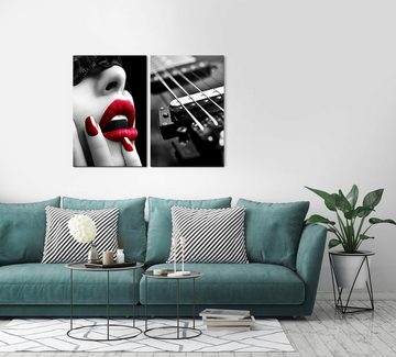 Sinus Art Leinwandbild 2 Bilder je 60x90cm Rote Lippen Erotisch Gitarre Verführerisch Romanze Weiblich