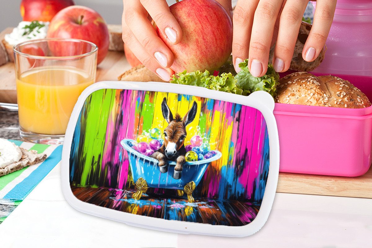 MuchoWow Lunchbox Esel - Badewanne - Rosa - Schaumstoff, Kunststoff, (2-tlg), Brotdosen, Lunch Box, Brotbox für Kinder und Erwachsene