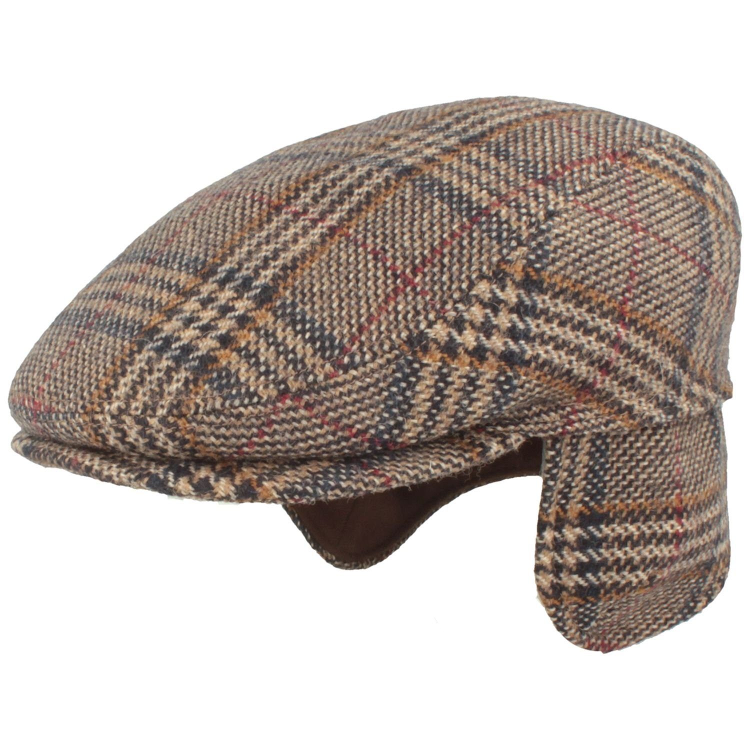 Bullani Schiebermütze warm Tweed aus Wolle Ohrenschutz Glencheck 1551-braun mit