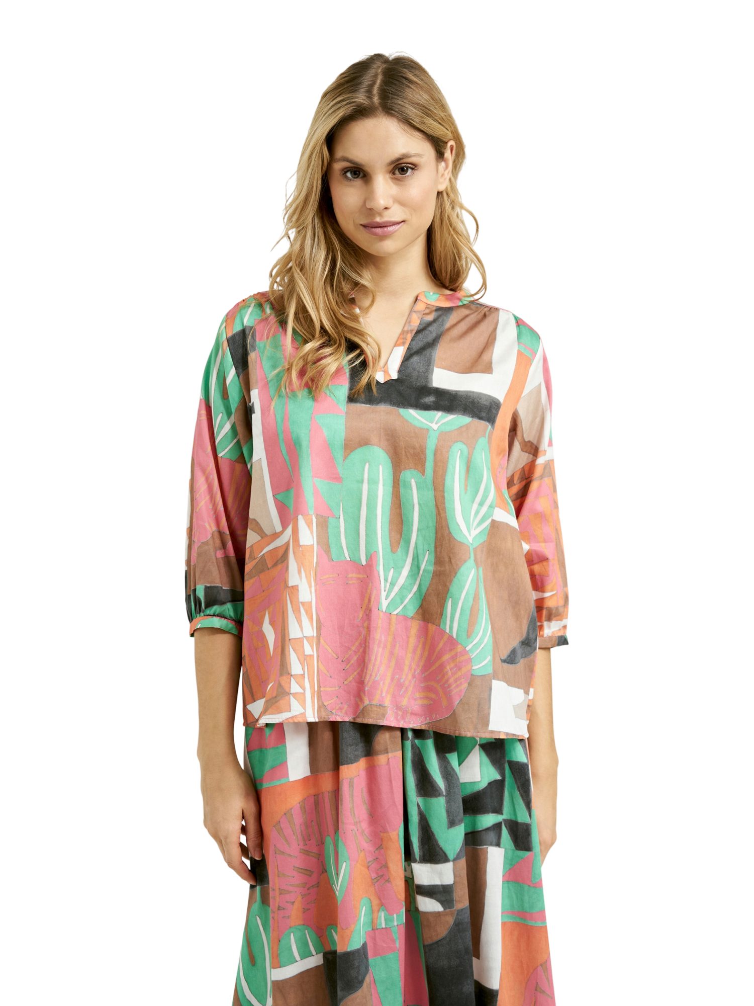 Milano Italy Blusenshirt bunt,Casual,Baumwolle,Allover-Print,V-Ausschnitt,Kurz,Regular Fit