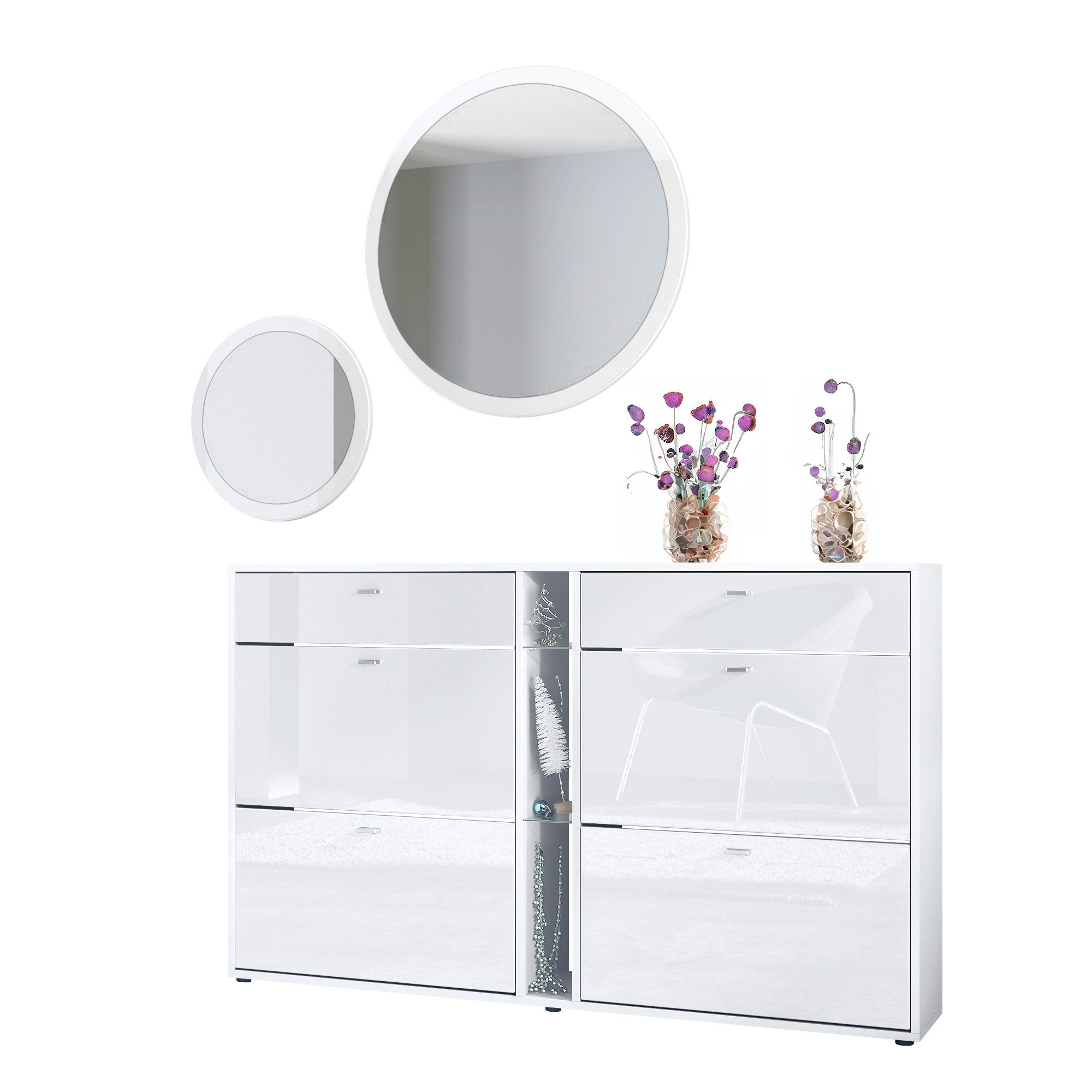 Vladon Garderoben-Set Florence, (Garderoben-Set, mit Schuhschrank und 2 Wandspiegel), Weiß matt/Weiß Hochglanz