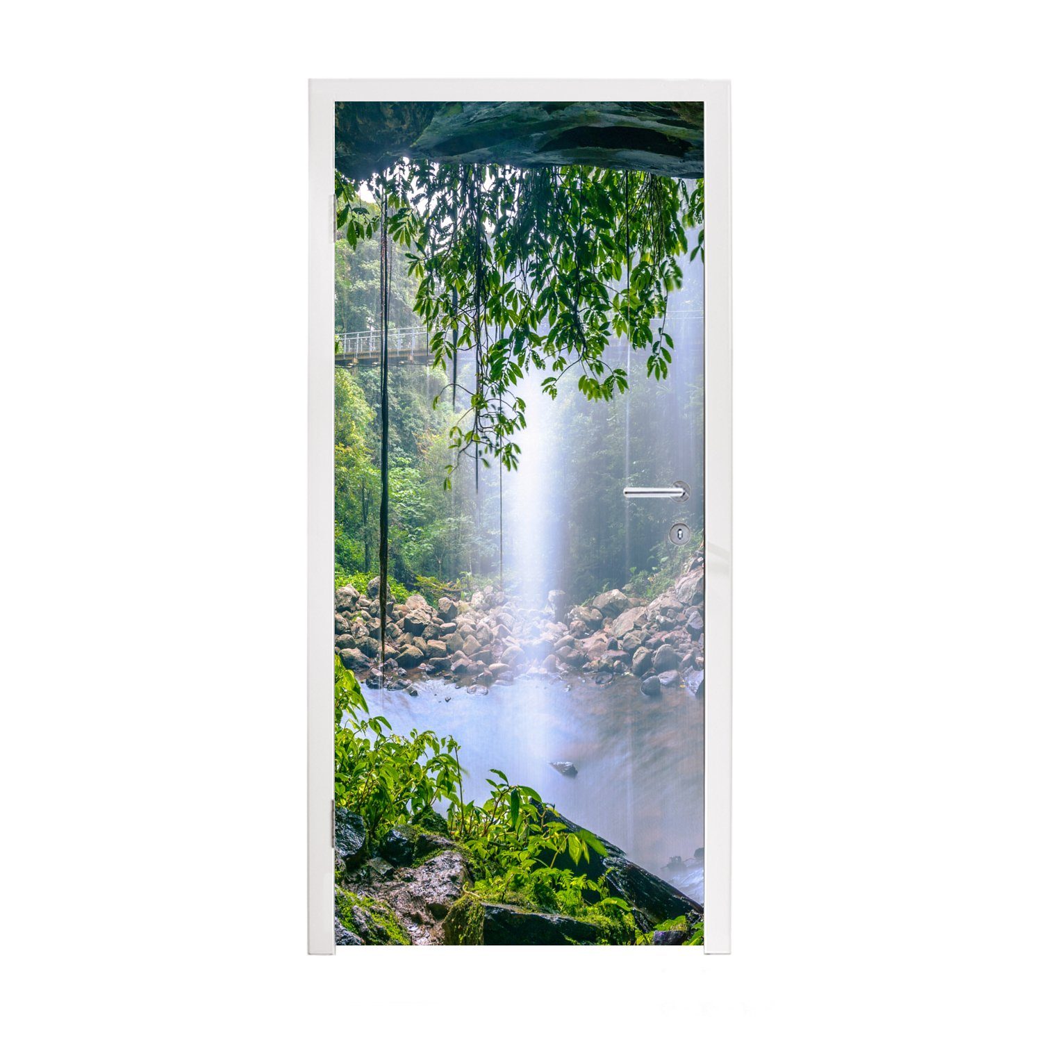 MuchoWow Türtapete Dschungel - Regenwald - Wasser - Wasserfall - Pflanzen, Matt, bedruckt, (1 St), Selbstklebende Tapete, Folie für Möbel, 75x205 cm