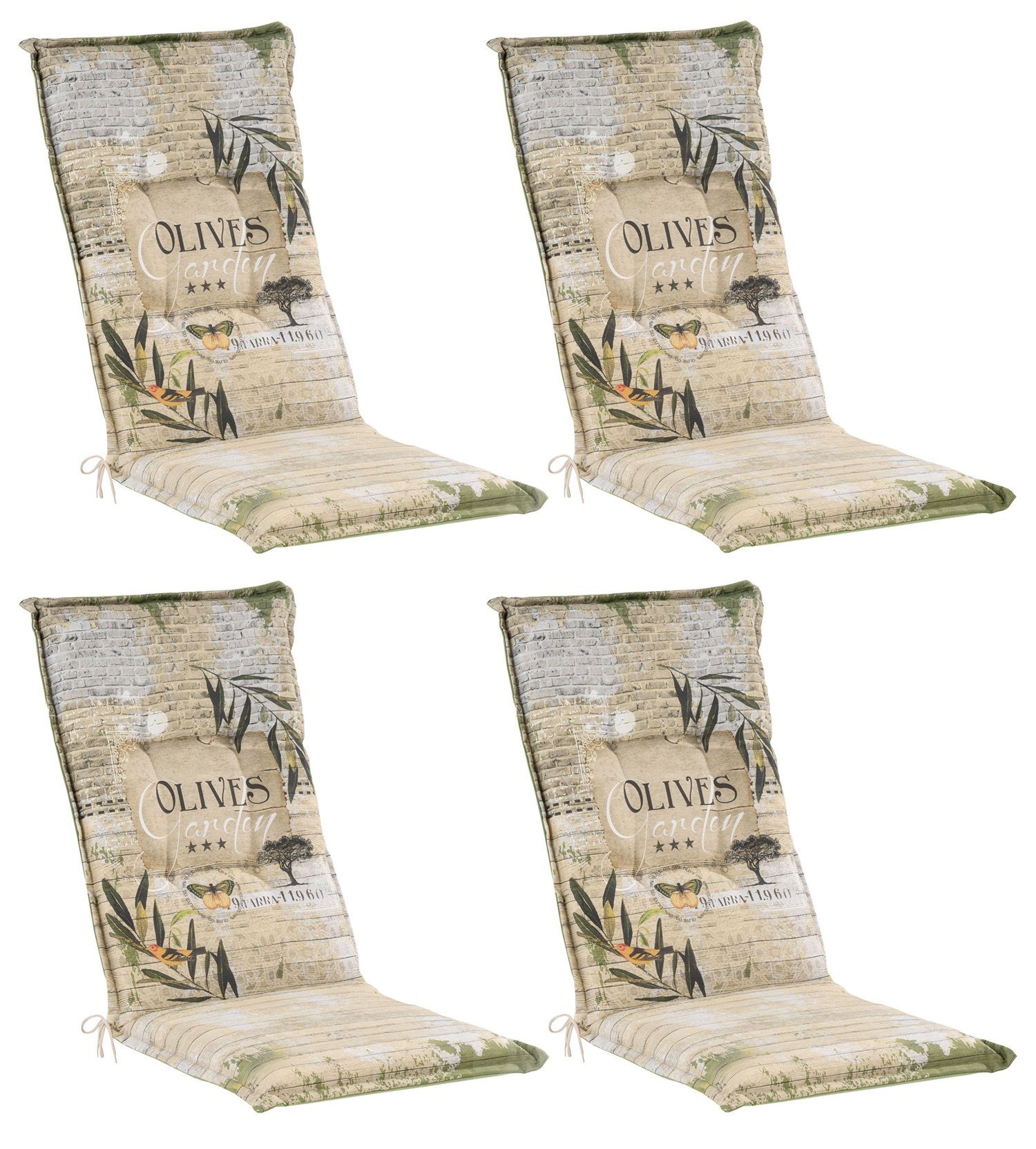 GO-DE Polsterauflage GARDOLI, 4er Set, für Hochlehner, Beige, Grün, Olivenmotiv, Baumwolle, Polyester, B 50 x L 120 cm