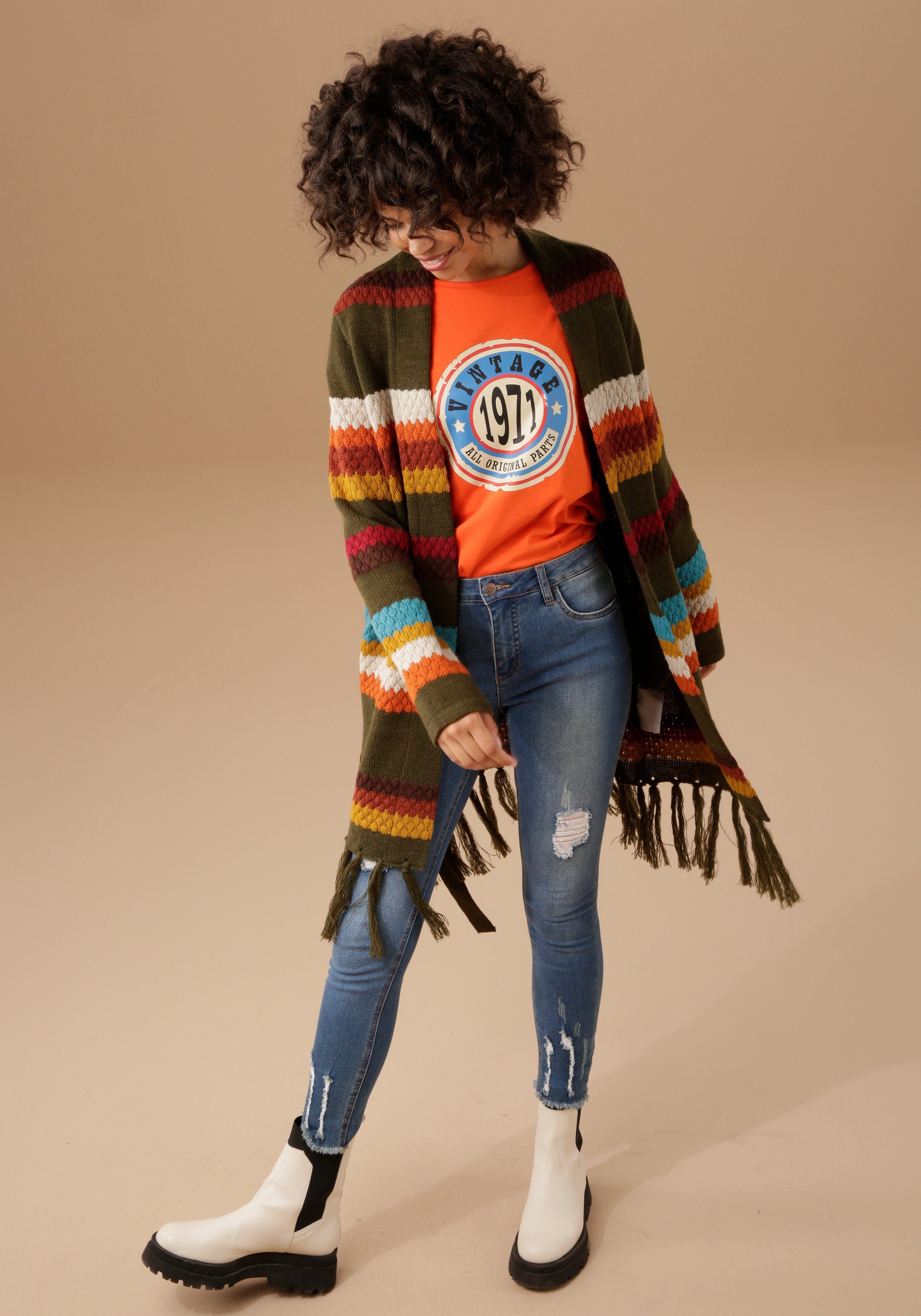 Aniston CASUAL Strickjacke mit bunten Streifen und trendigen Fransen am  Saum online kaufen | OTTO