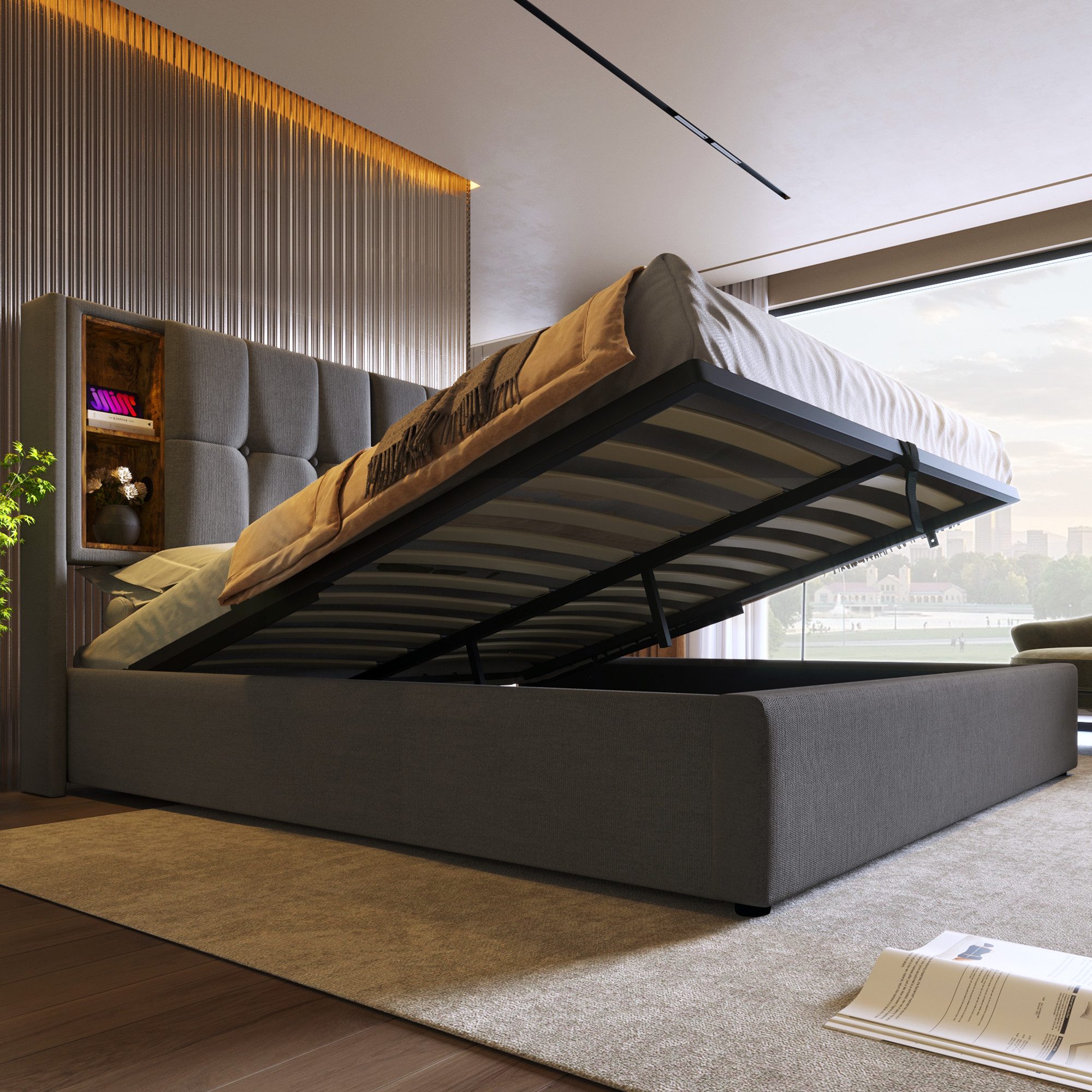Flieks Polsterbett, Doppelbett mit Kabellosem Laden/USB/Typ-C+Stauraum Baum günstig online kaufen