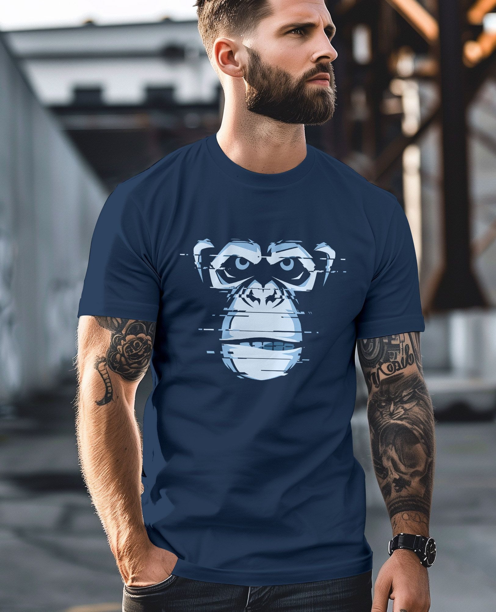 Neverless Print-Shirt Herren T-Shirt Brustprint Affe Motiv Digital-Art Aufdruck Printshirt mit Print – Bild 4 von 5