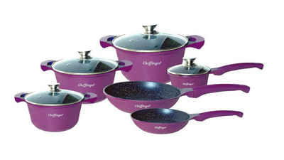 Cheffinger Topf-Set Kochtopf Kasserolle Bratpfannen Set 10-tlg purple + Deckel Cheffinger, Material: Aluminium, Stahl, Glas