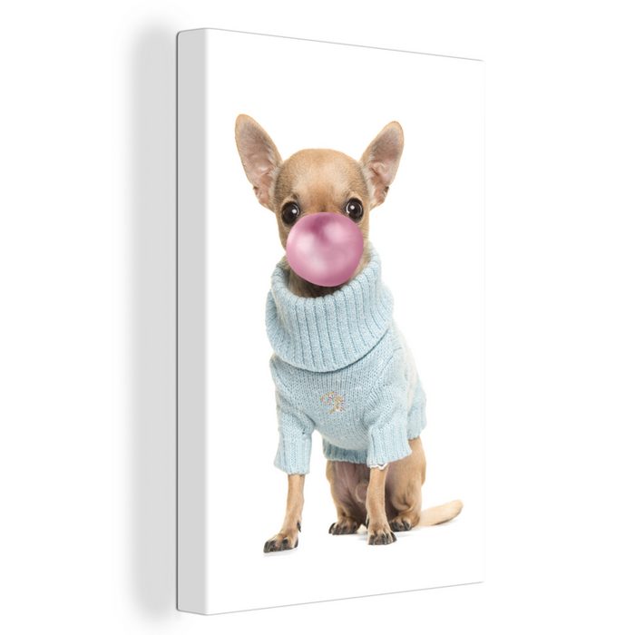 OneMillionCanvasses® Leinwandbild Hund - Kaugummi pusten - Chihuahua - Spaß für Kinder - Mädchen - (1 St) Leinwandbild fertig bespannt inkl. Zackenaufhänger Gemälde
