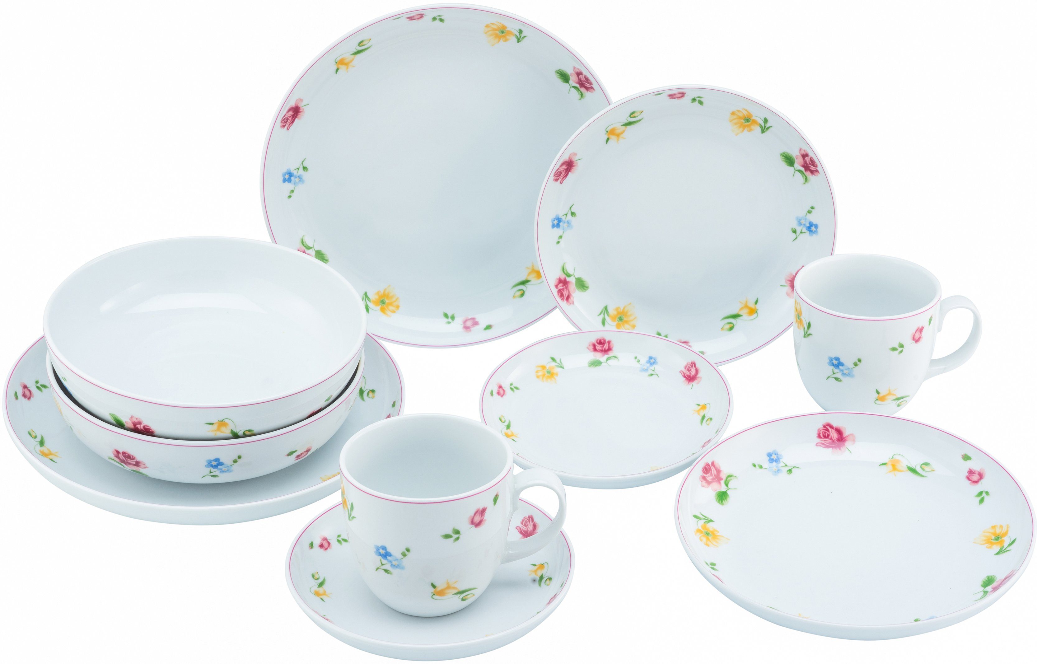 CreaTable Kombiservice Geschirr-Set Summertime (10-tlg), 2 Personen, Porzellan, Service, Streublümchen-Dekor, 10 Teile, für 2 Personen