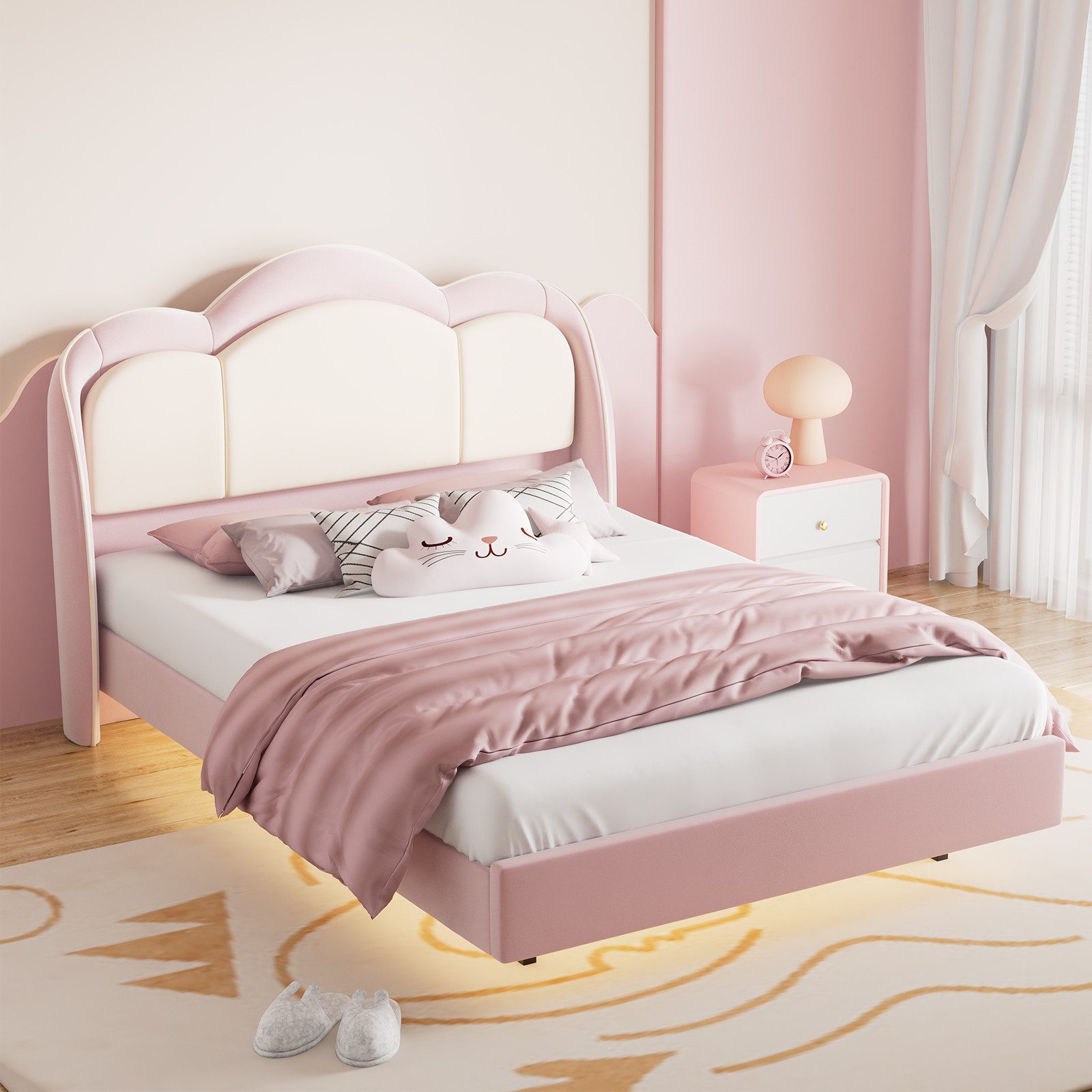 HOMAVO Kinderbett Polsterbett, Einzelbett mit LED-Beleuchtung (Polsterbett aus Samt mit Wolken-Design, inklusive LED-Beleuchtung), 90*200cm