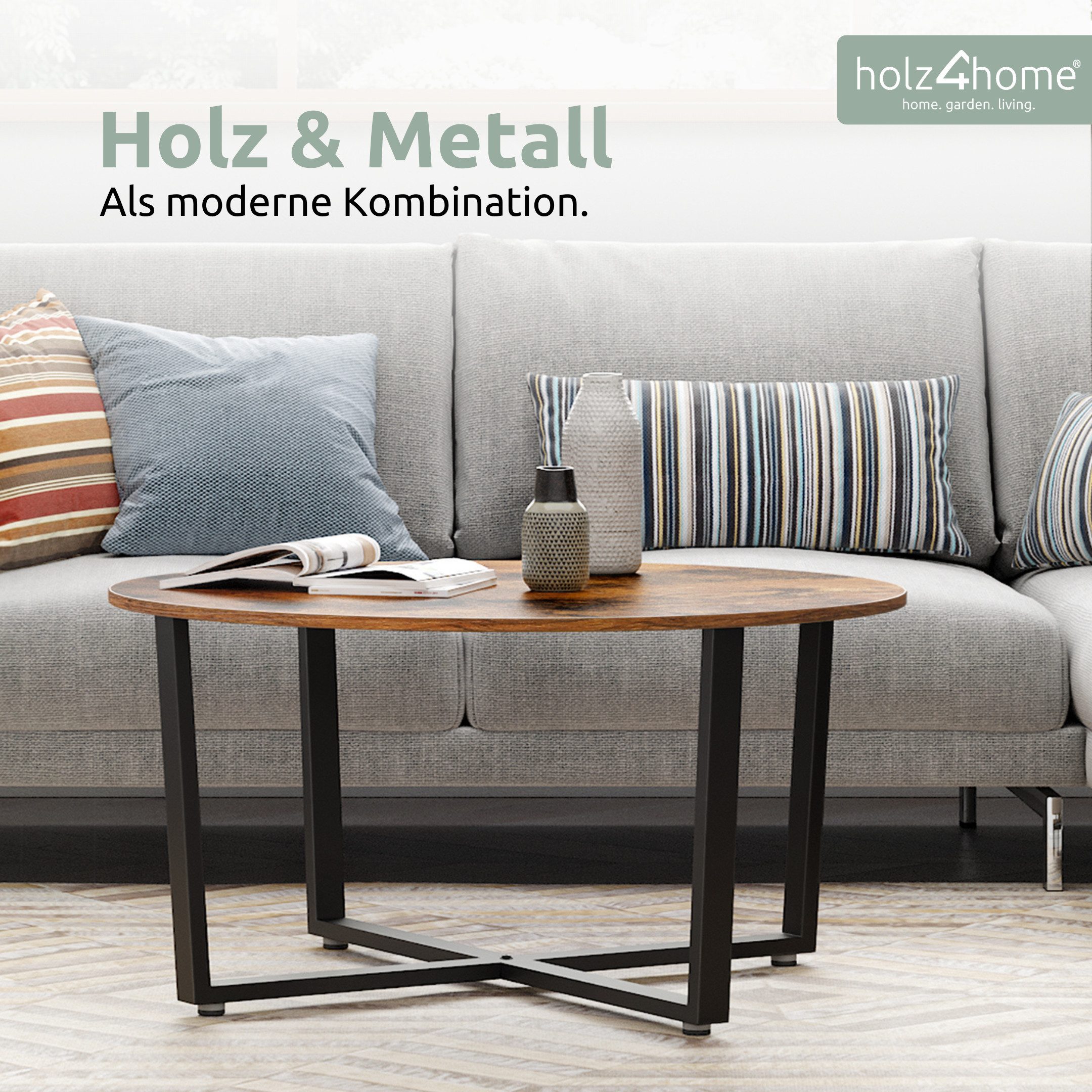 holz4home® Couchtisch Indie Wohnzimmertisch Rund mit Ablage 88x47 cm I Industrial-Look Braun, Einfache Montage – Bild 4 von 5