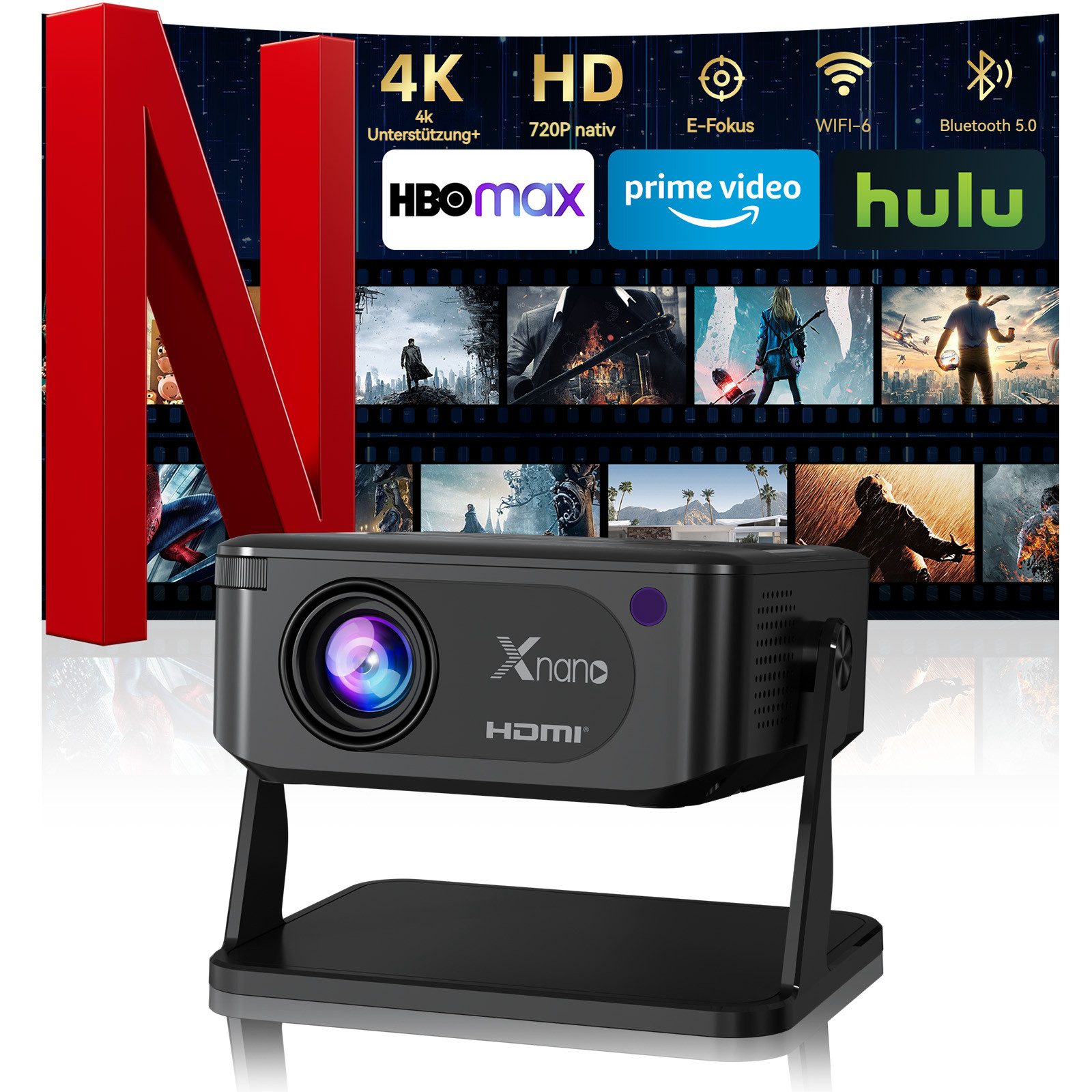 XNANO HA109 Projektor, Android 11, 130 ANSI, HD 1280*720P, WiFi 6, BT5.4 LCD-Beamer (130 lm, 10000:1, 4K (decoding support, 720P native) px, Auto-Keystone)