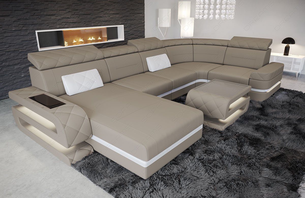 Sofa Dreams Wohnlandschaft Polster Sofa Couch Stoff Bologna U Form Stoffsofa, Mikrofaser, mit LED, ausziehbare Bettfunktion, USB-Anschluss, Designersofa